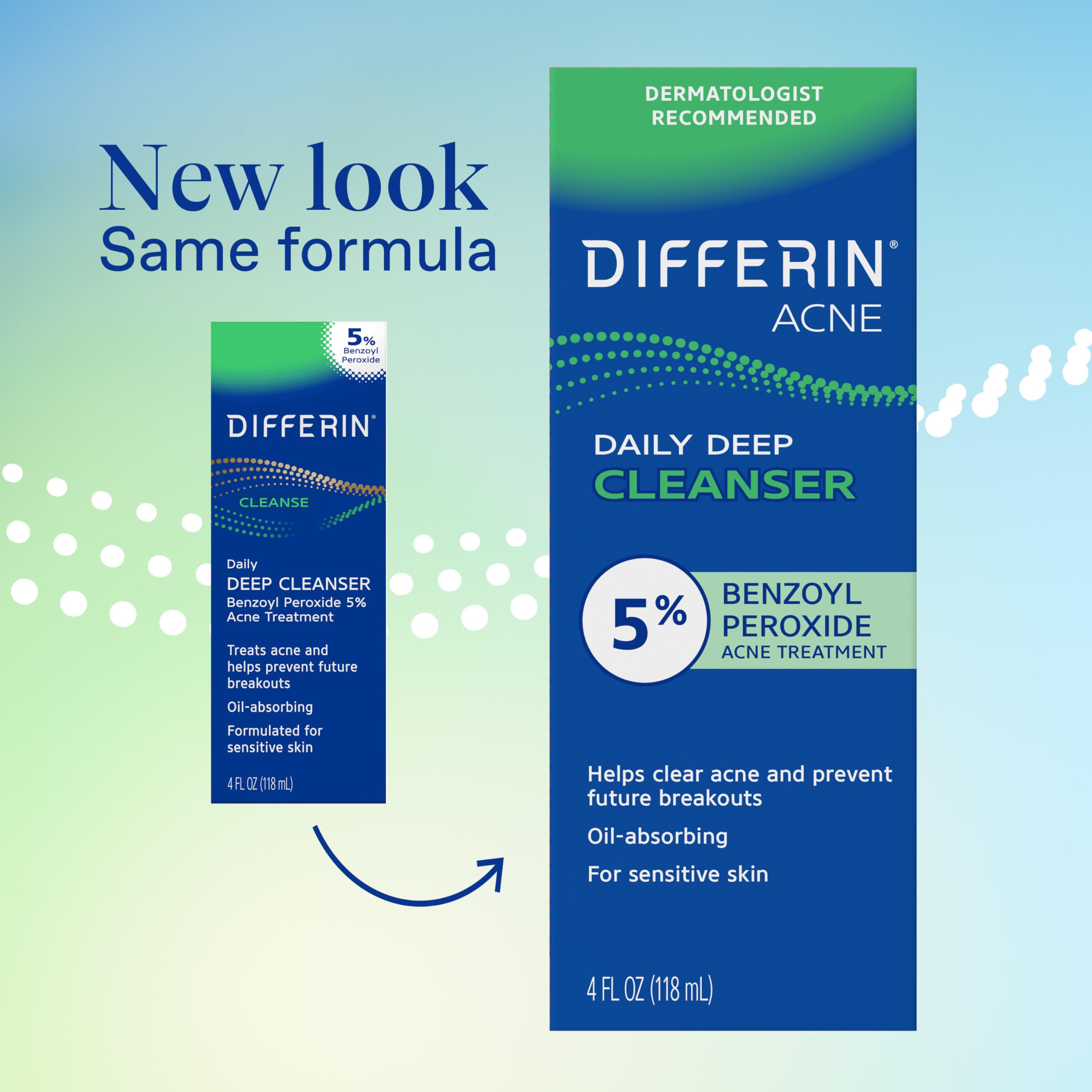 Differin Acne Face Wash with 5% Benzoyl Peroxide, 4oz daily cleanser for acne-prone skin in a white squeeze tube.
