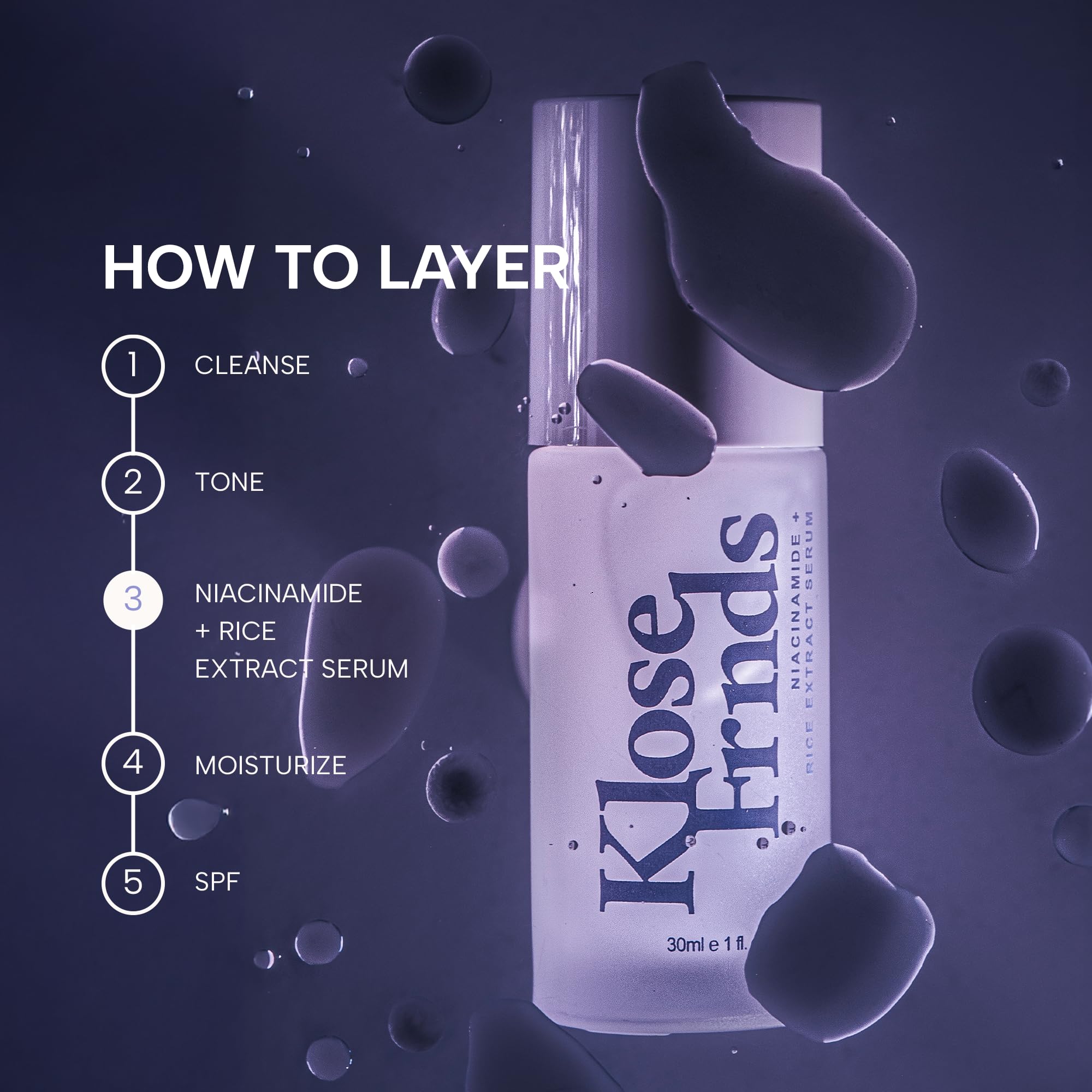 Klose Frnds Niacinamide and Rice Extract Serum for glowing skin and barrier support, shown in a sleek glass bottle with dropper applicator.