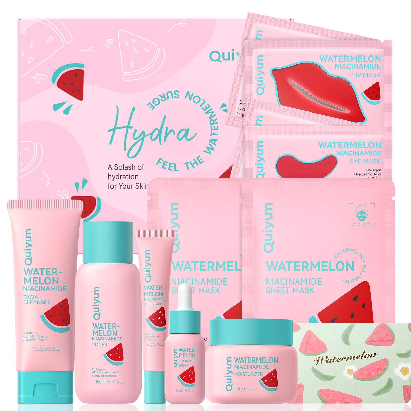 QUIYUM Watermelon & Niacinamide Skincare Set for Women Teens - Product Imagery