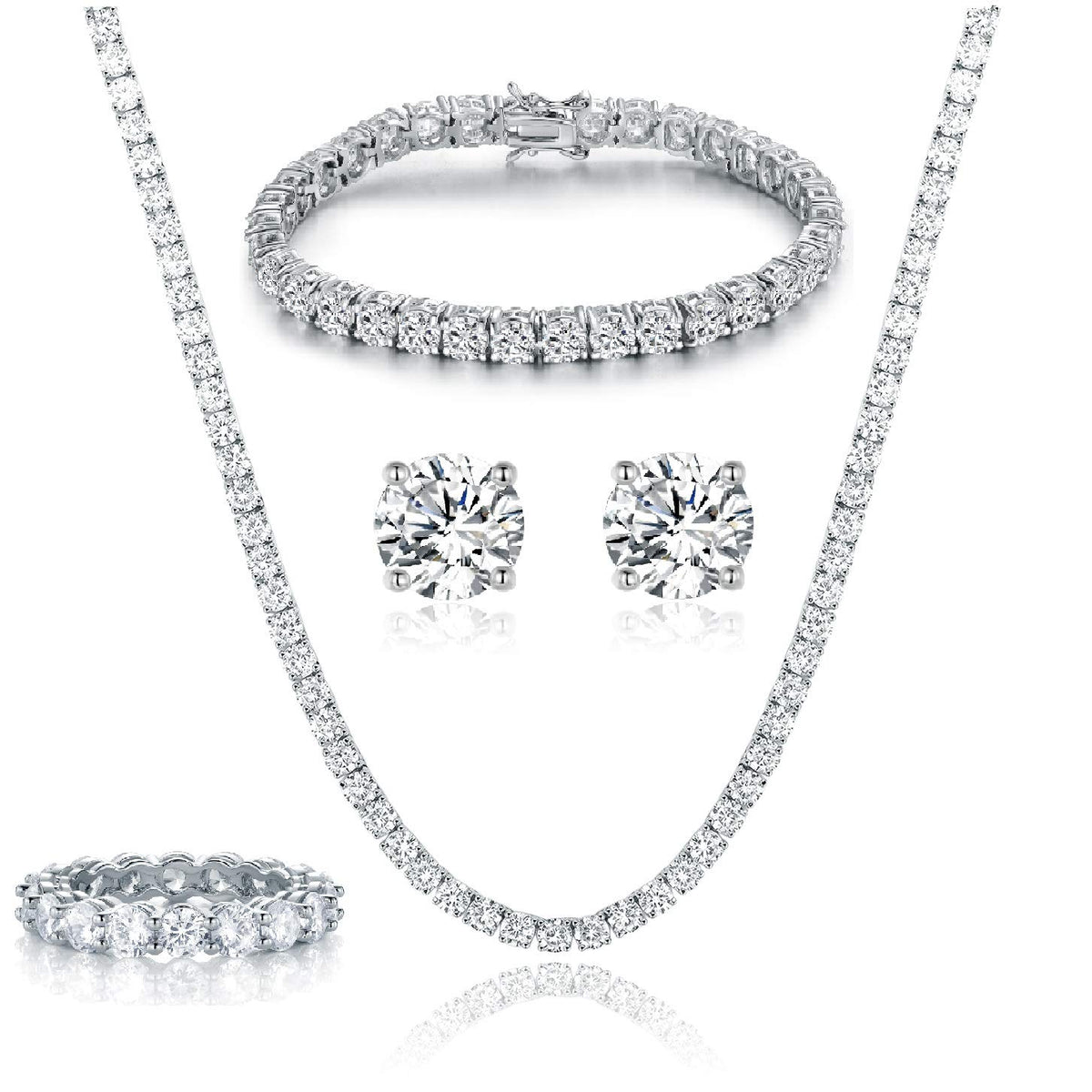 Gemsme 18K White Gold Plated Tennis Necklace/Bracelet/Earrings/Band Ring Sets Hypoallergenic Jewelry Pack of 4 – product