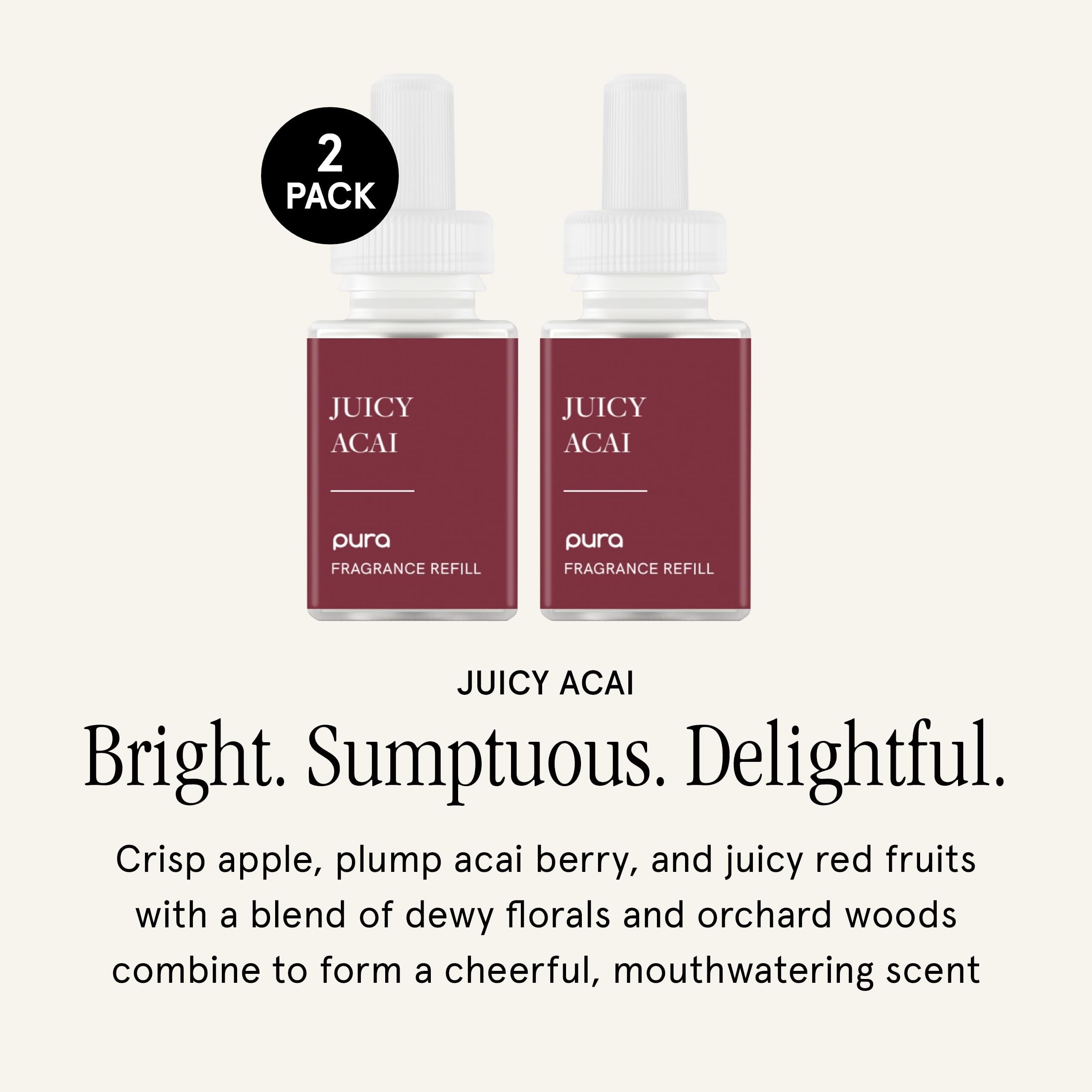 Pura Malodor Scent Refill Juicy Acai diffuser 2-pack, area deodorizer with vibrant purple and blue packaging, fresh fruit scent.