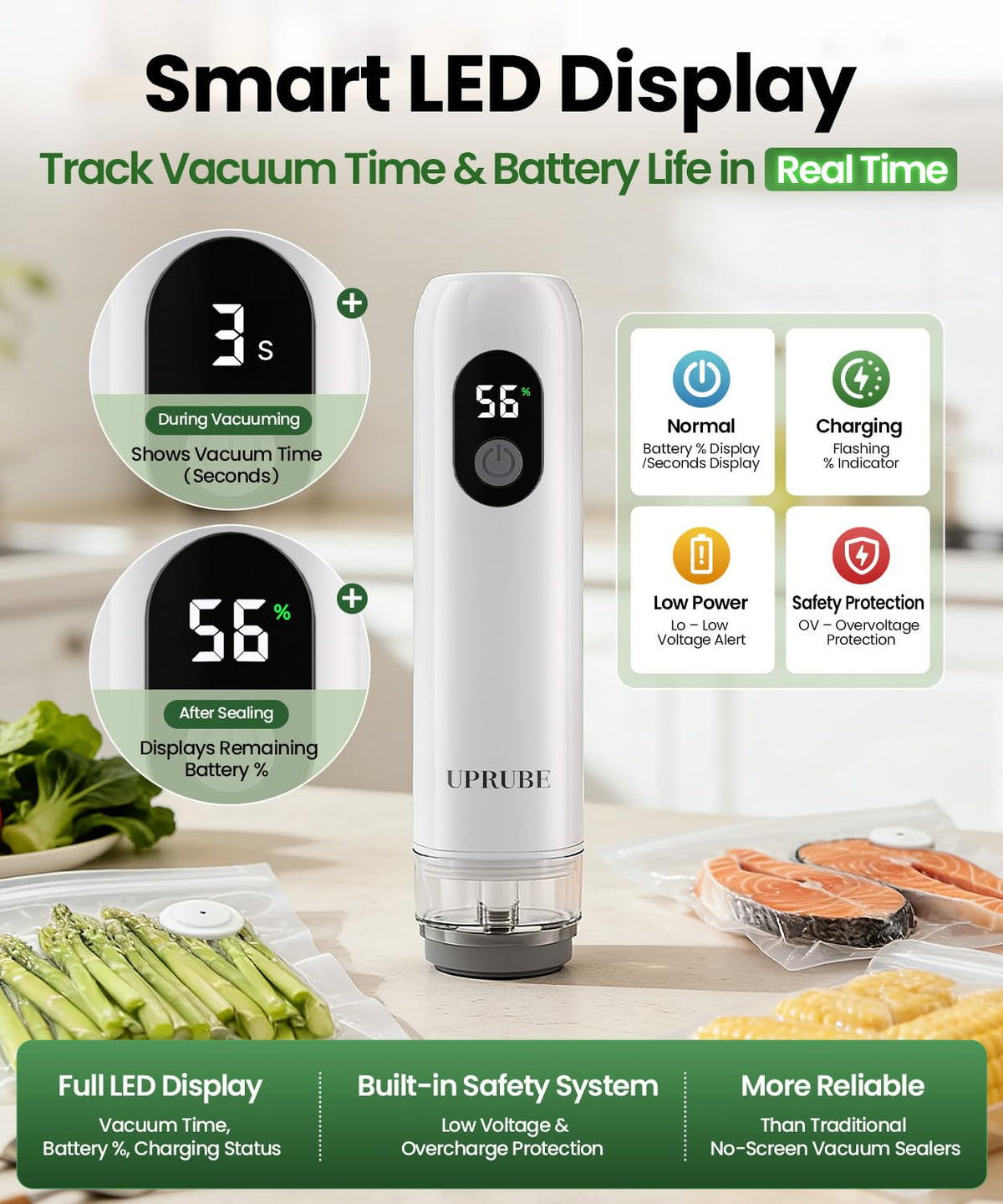 UPRUBE Compact Vacuum Sealer for Food, Drainage Tube, Wet Food, 30 Bags – packaging and label