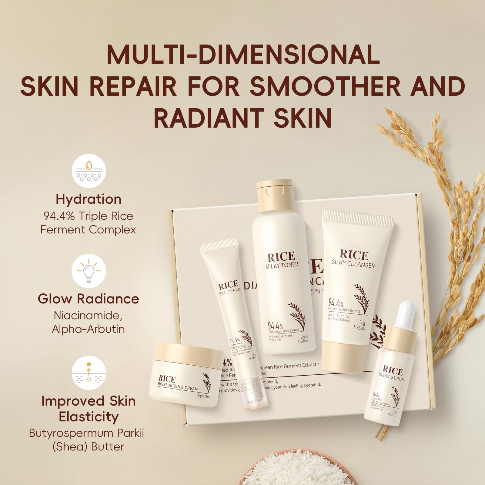LAIKOU Rice Korean skincare set with five products, including creams and serums, arranged on a white background.