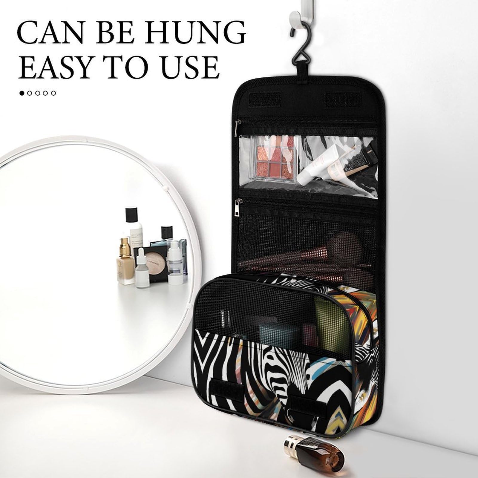 JTREHY Abstract Animal Zebra Hanging Toiletry Bag, Lightweight Durable Polyester Travel Cosmetic Organizer with Hook, Multi-Compartment Wash Bag for Travel Gym Camping Bathroom Storage