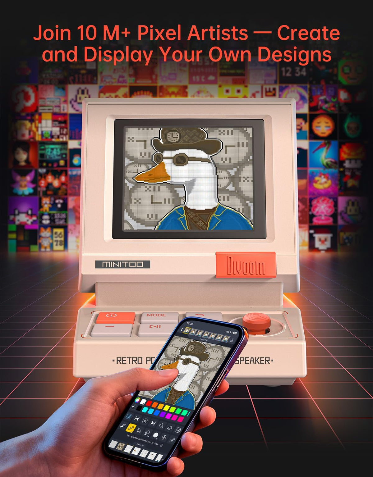 Divoom MiniToo Retro PC-Style Computer Speaker, Pixel Screen with DIY Faces – close-up detail in Beige