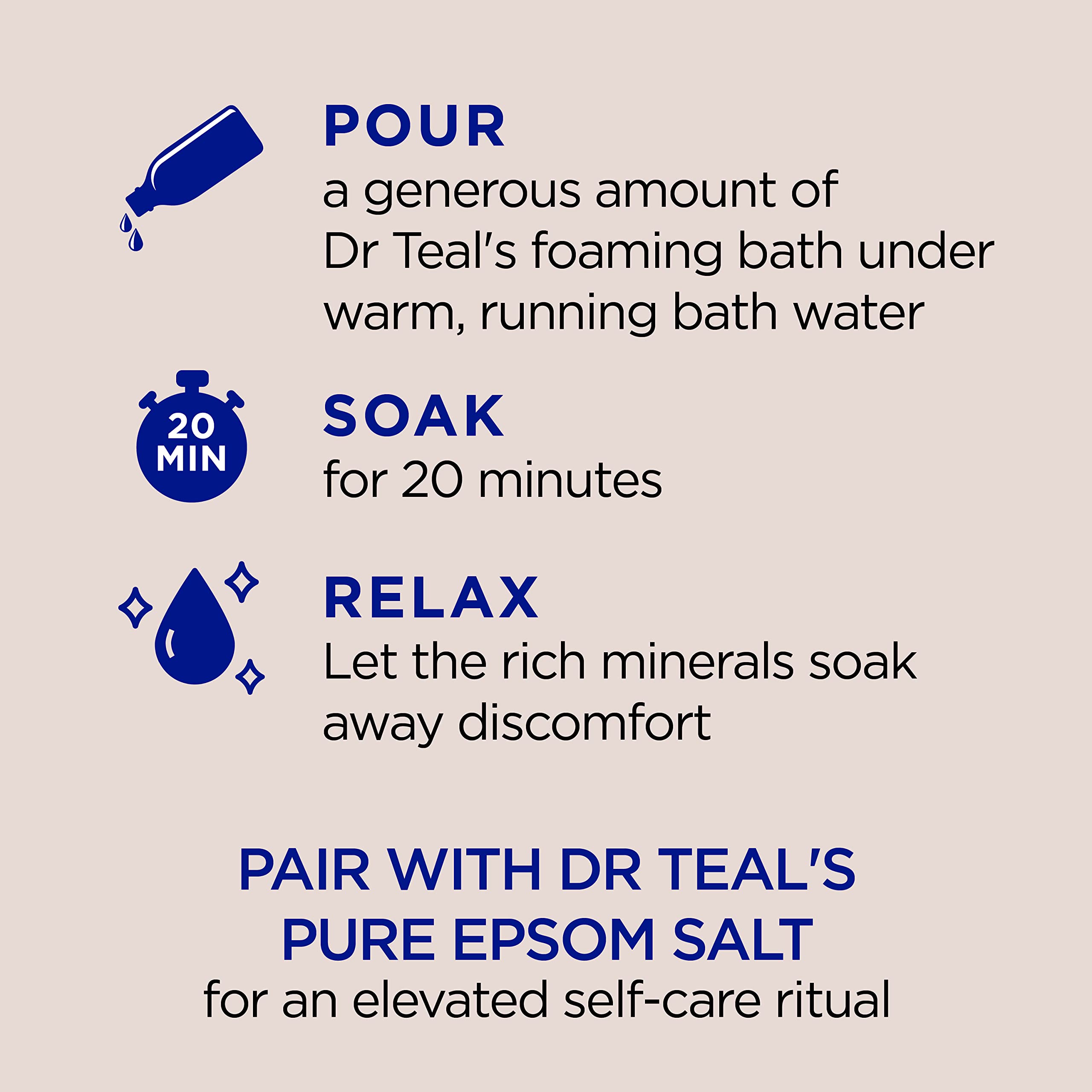 Dr Teal's foaming bath additive with Epsom salt, coconut oil, and nourishing ingredients in a 34 fl oz bottle, pack of 4