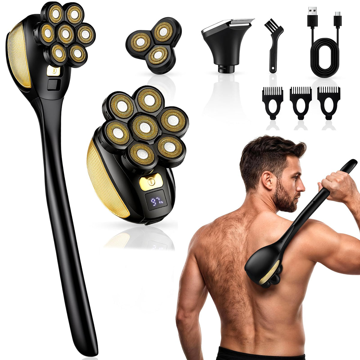 Fengmianji 7D Back Shaver for Men, 3 in 1 Electric Body Shaver with Long Handle, Self-Shaving, Detachable Razor for Body