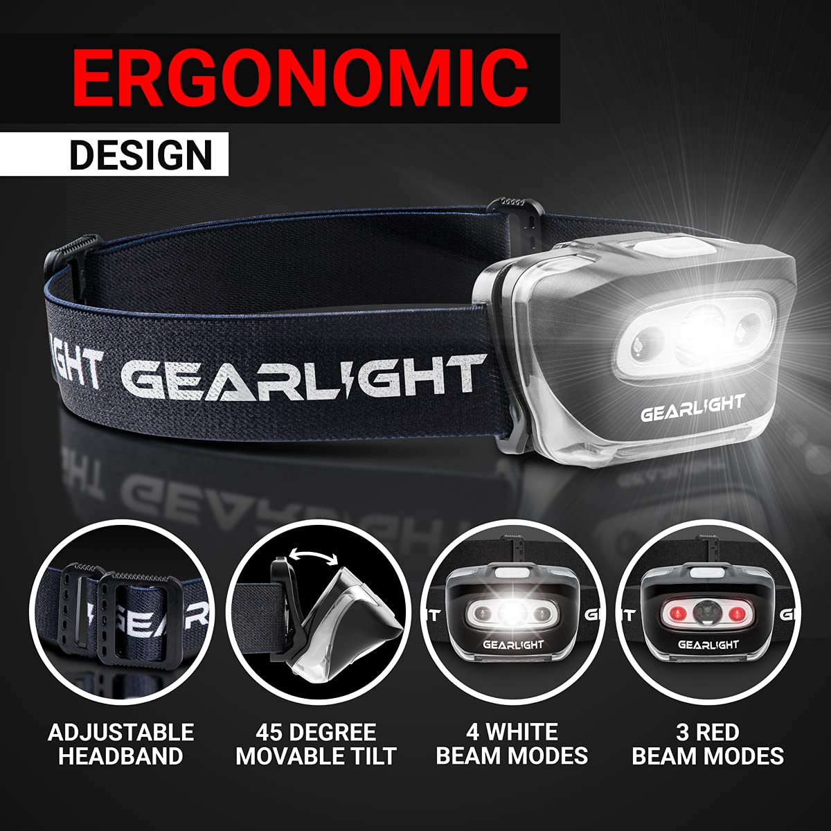 GearLight USB Rechargeable Headlamp Flashlight for Running, Camping, and Outdoor LED Headlight Camping Headlamps - Head 