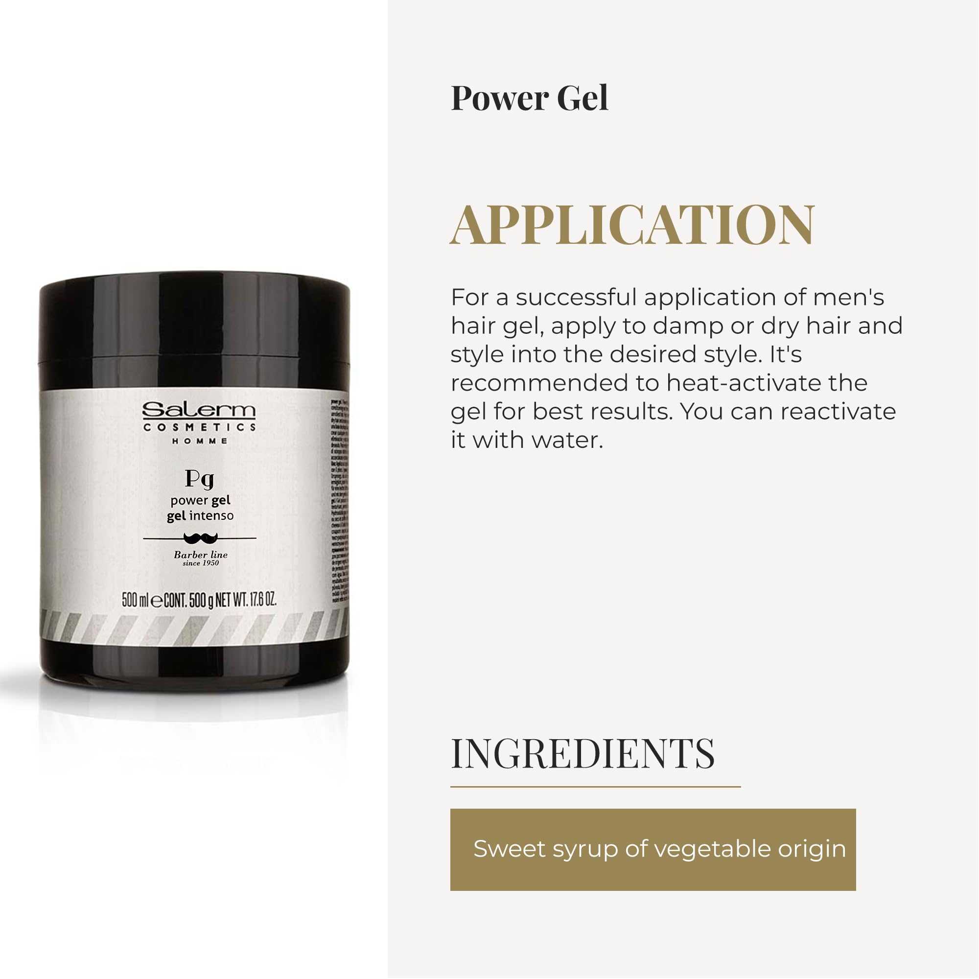 Salerm Homme Power Gel intense hold hair styling gel in 500ml container, showcasing its packaging and branding.