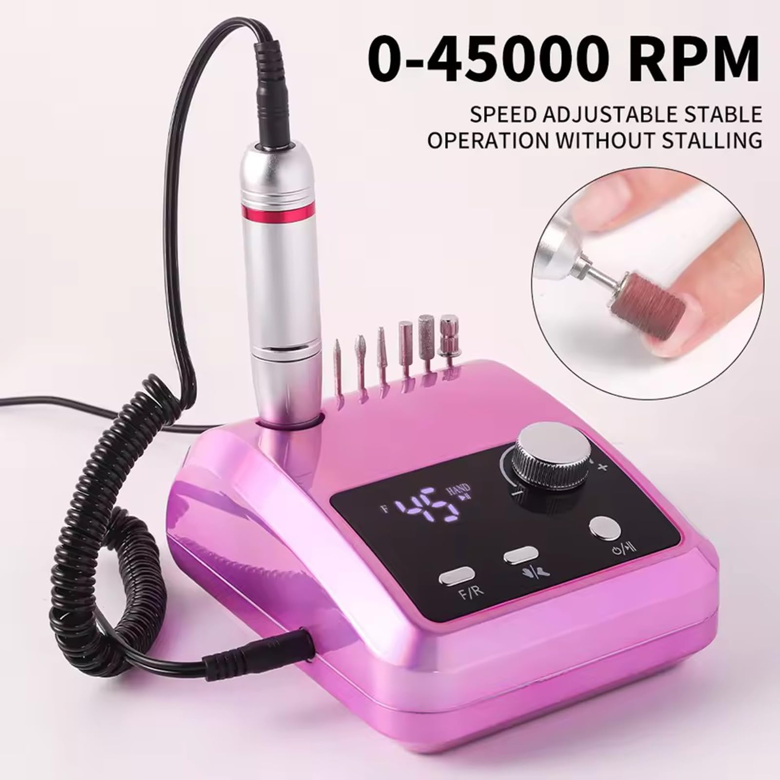 Generic multifunctional desktop nail drill with foot pedal, 45000RPM E-file, shown with attached drill bits on a workspace.