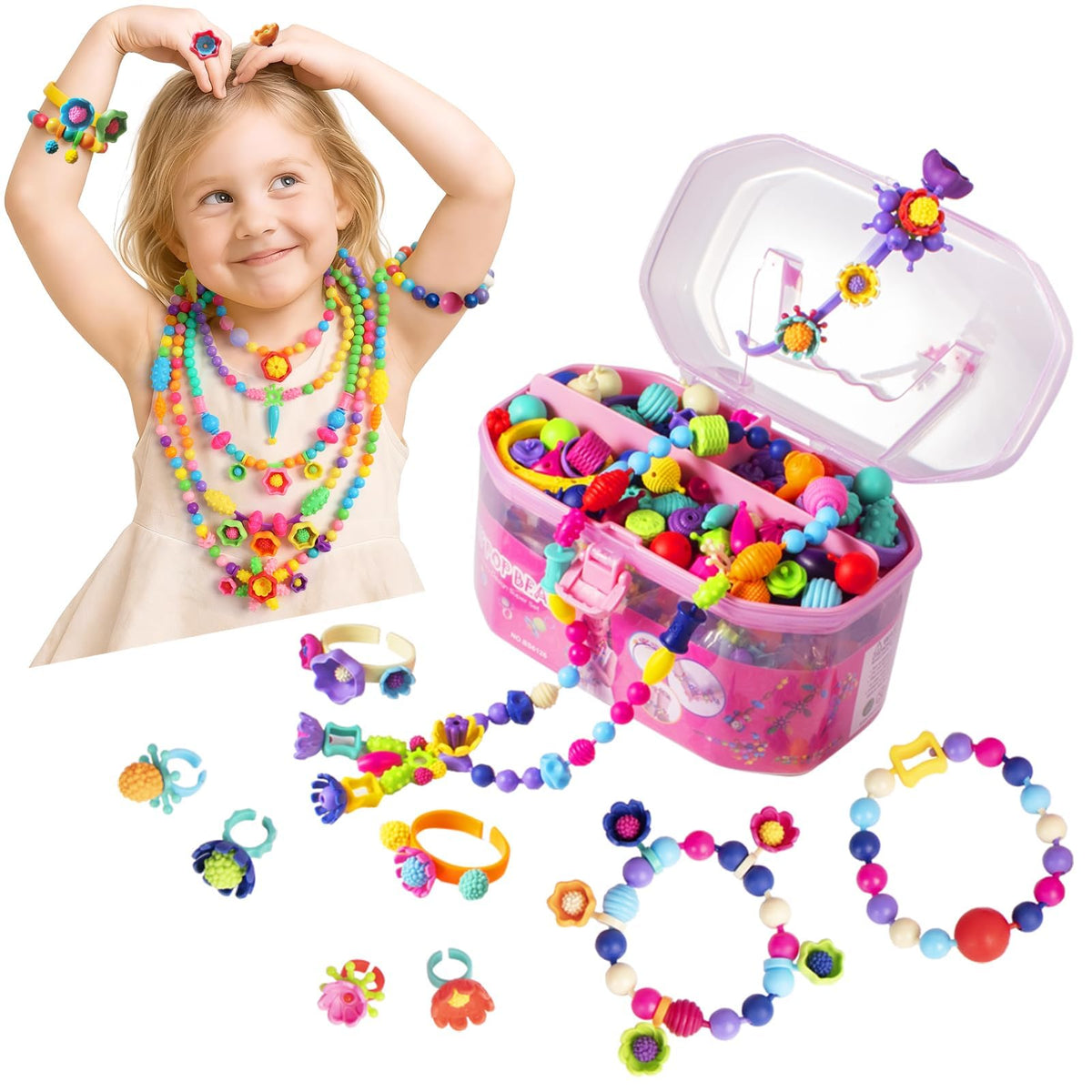 BIRANCO. Pop Beads, Jewelry Making Kit - Arts and Crafts for Girls 3-7 Years Old, Snap Beads Toys - Necklace, Bracelet, 