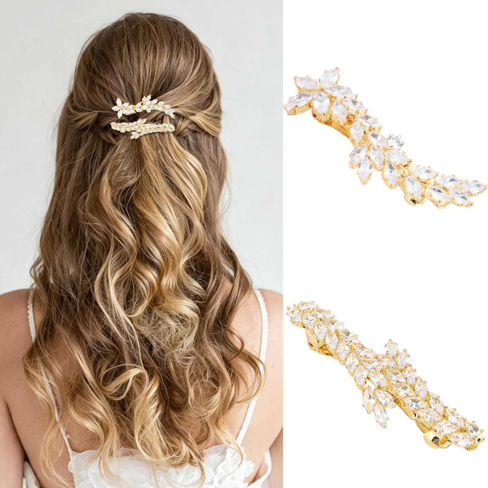 ANBALA 2-pack gold hair clips with rhinestone leaf design, perfect for wedding accessories and elegant hairstyles for women.