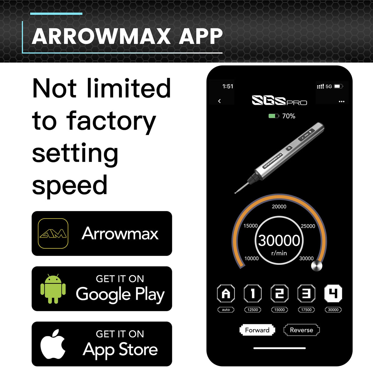 AM ARROWMAX Mini Engraving Pen, Rotary Tool with 42 Bits, Aluminum Case, Smart Motion Control, OLED, APP, Magnetic Charg