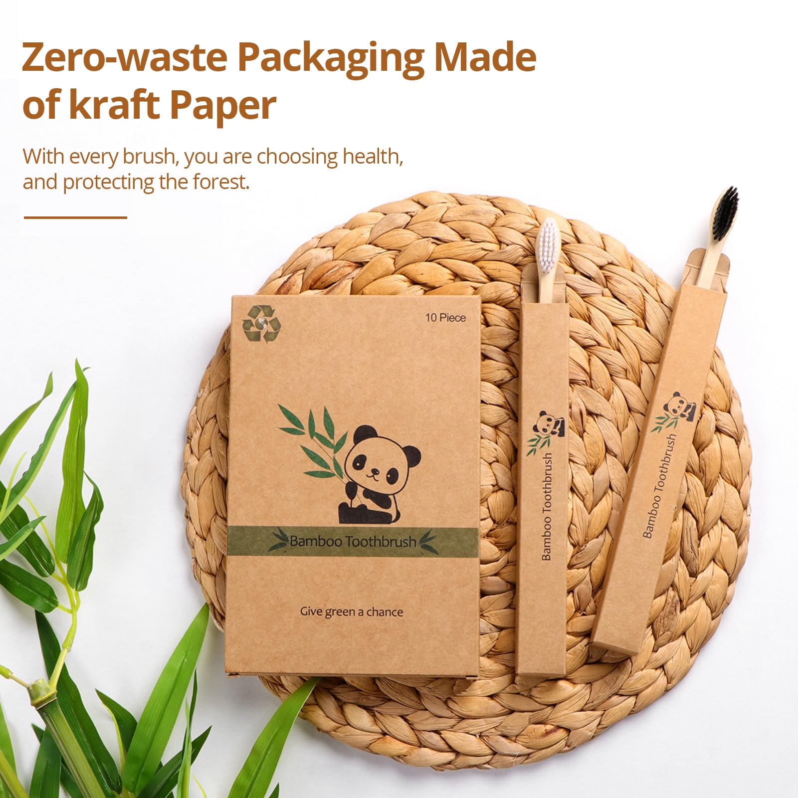Virgin Forest bamboo toothbrush 10-pack with soft bristles, BPA-free handle, eco-friendly natural bamboo material, displayed in a row.