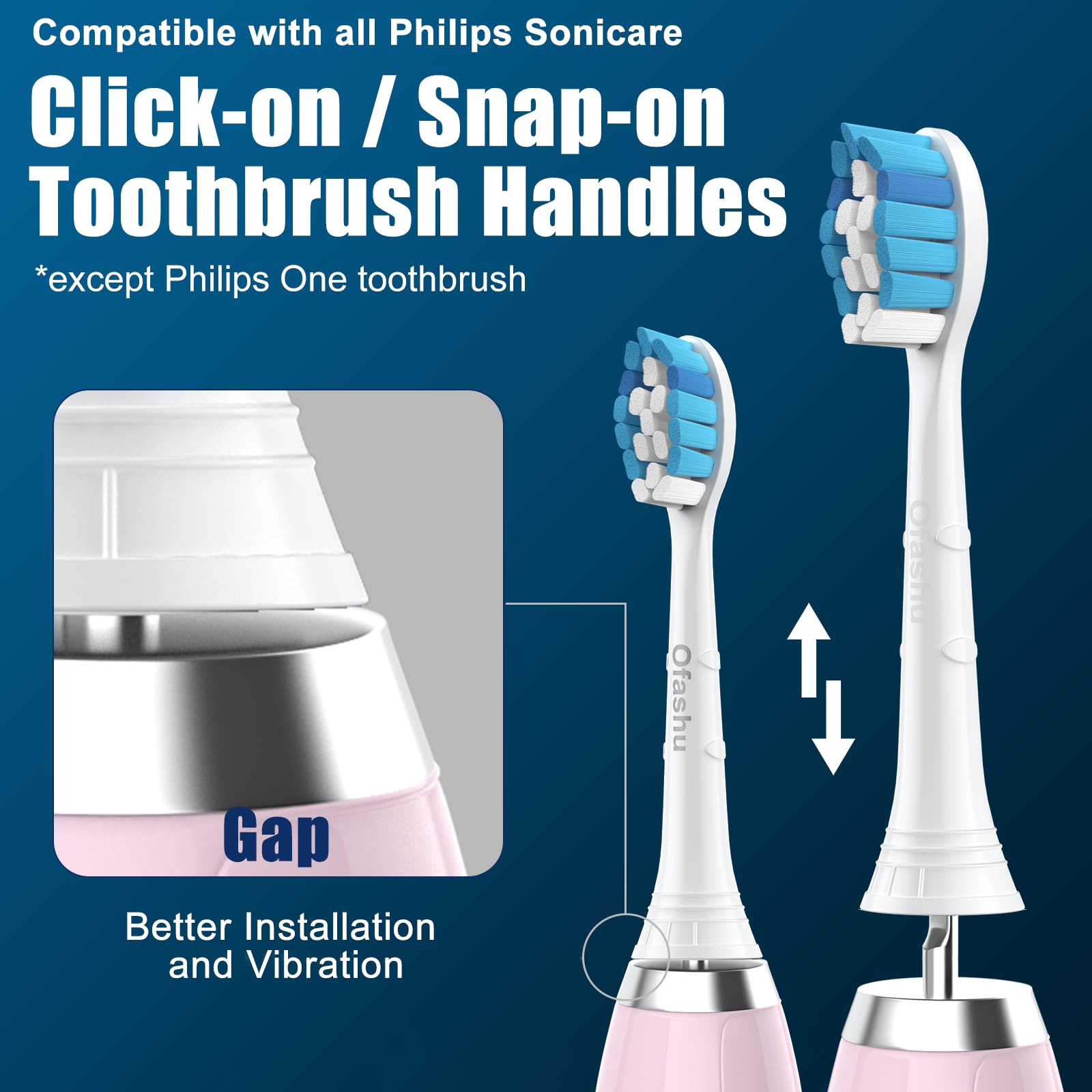 Set of four Ofashu replacement toothbrush heads for Philips Sonicare electric toothbrush, showing clean bristles and compact design.
