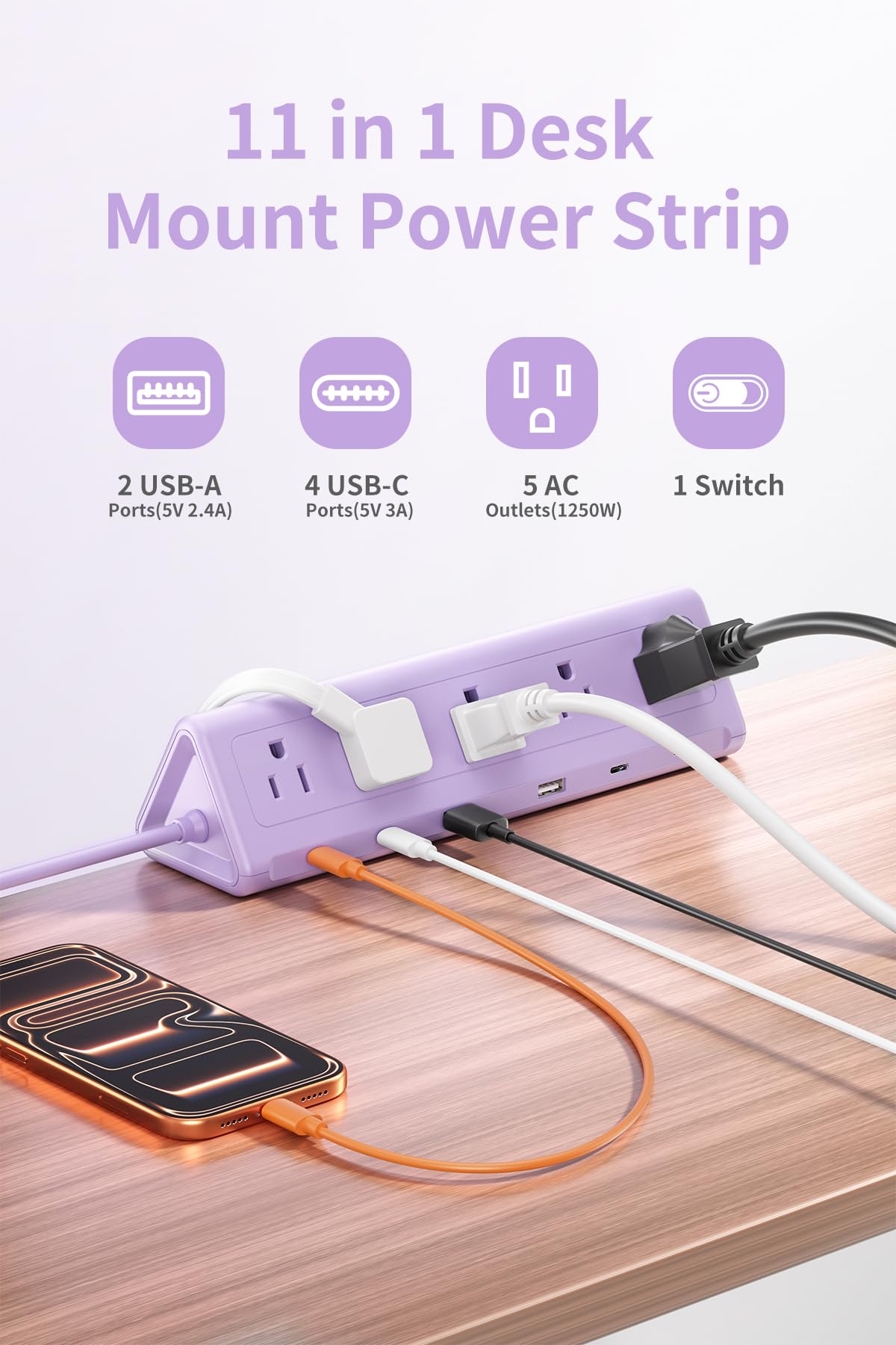 SMALLRT Purple Desk Clamp Power Strip with 6.5 FT Extension Cord, PD 40W USB-C Fast Charging Ports, 5 AC Outlets 4 USB-C
