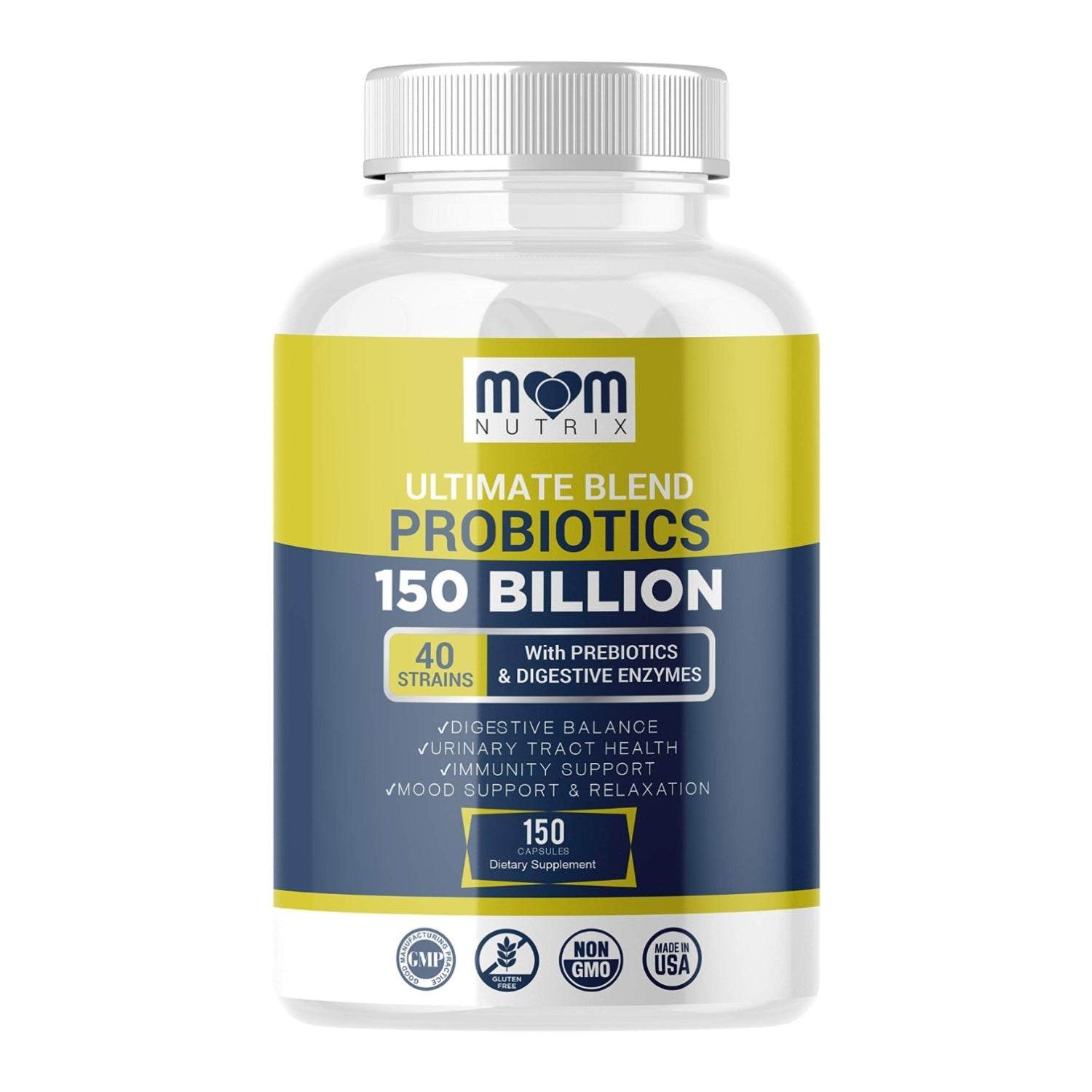 DewCura Probiotics 150 Billion CFU nutritional supplement bottle with 40 strains, designed for women and men.