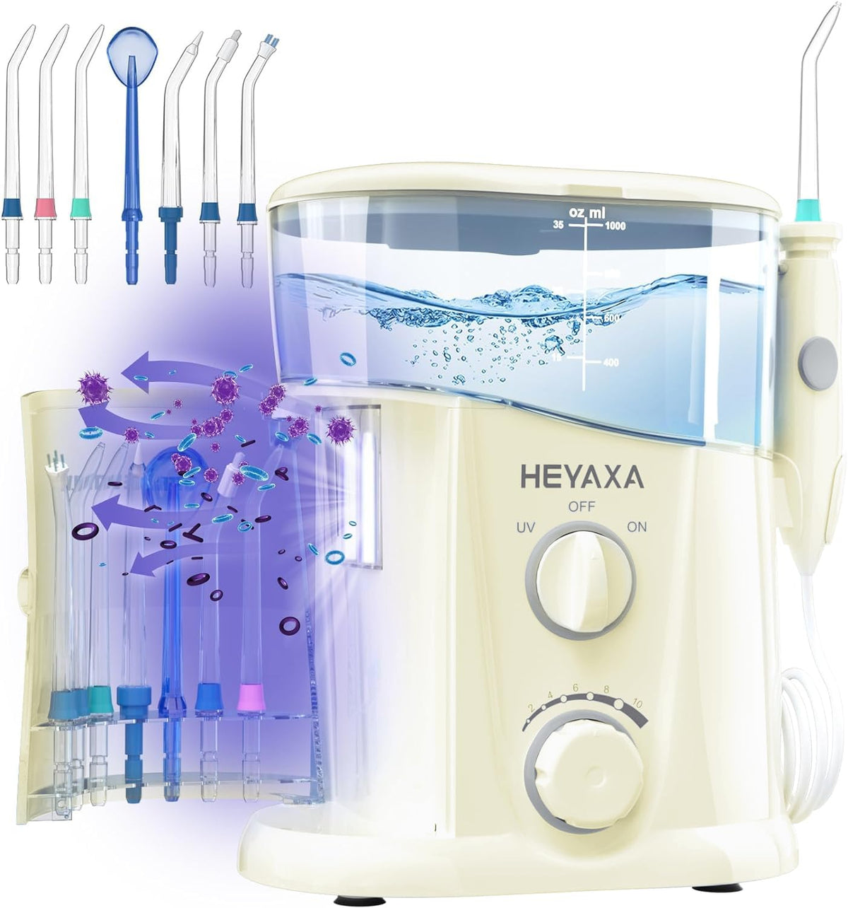 HEYAXA Water Dental Flosser for Teeth Cleaning with 1000ML Large Capacity and UV Storage, 10 Adjustable Pressure Electri