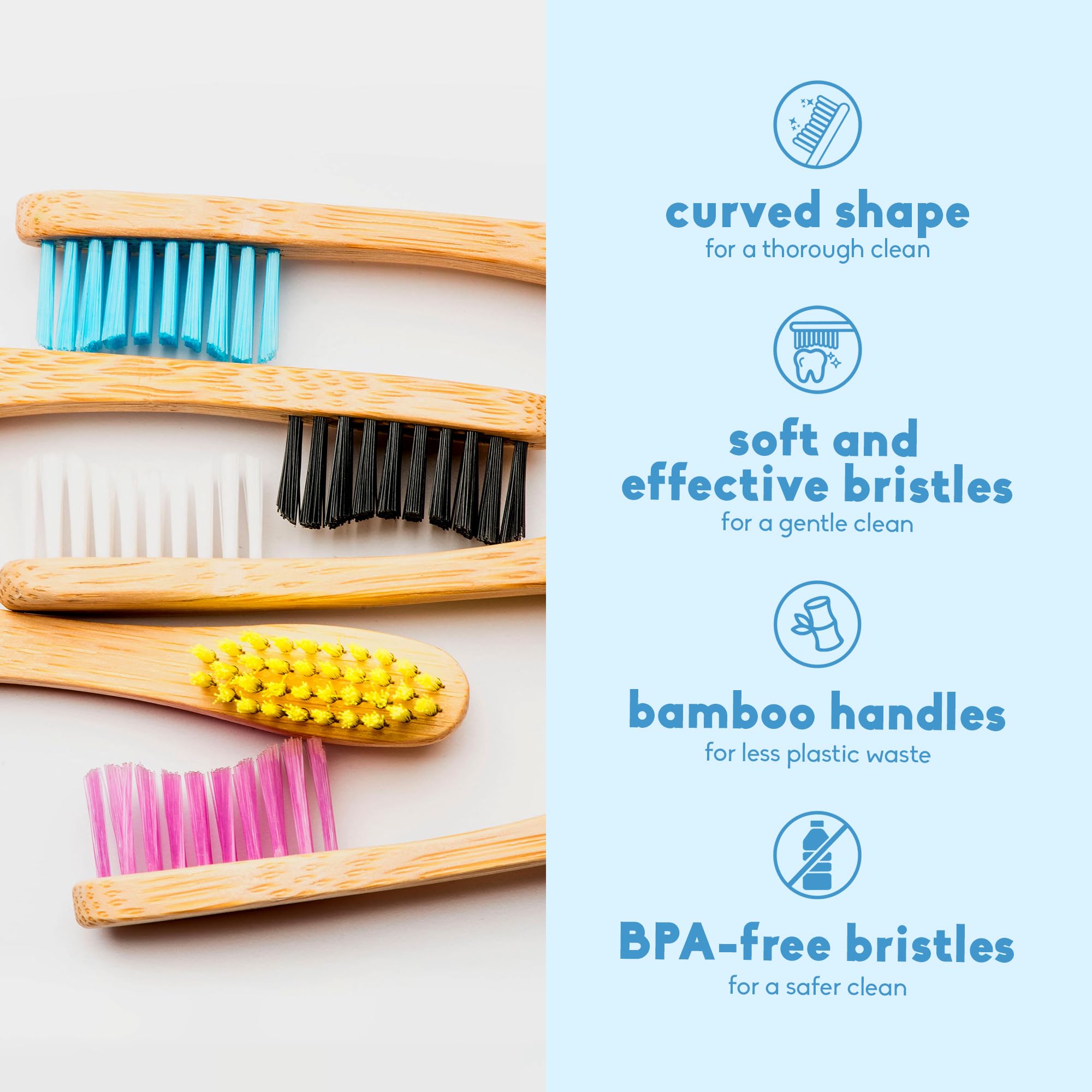 Set of five soft bamboo toothbrushes by The Humble Co. with BPA-free bristles, eco-friendly dental care products.