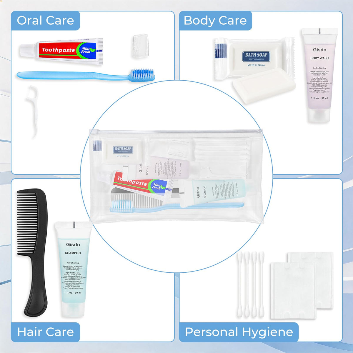 Gisdo 20 Sets Disposable Travel Toiletry Kit, Bulk Personal Hygiene Kit – full view