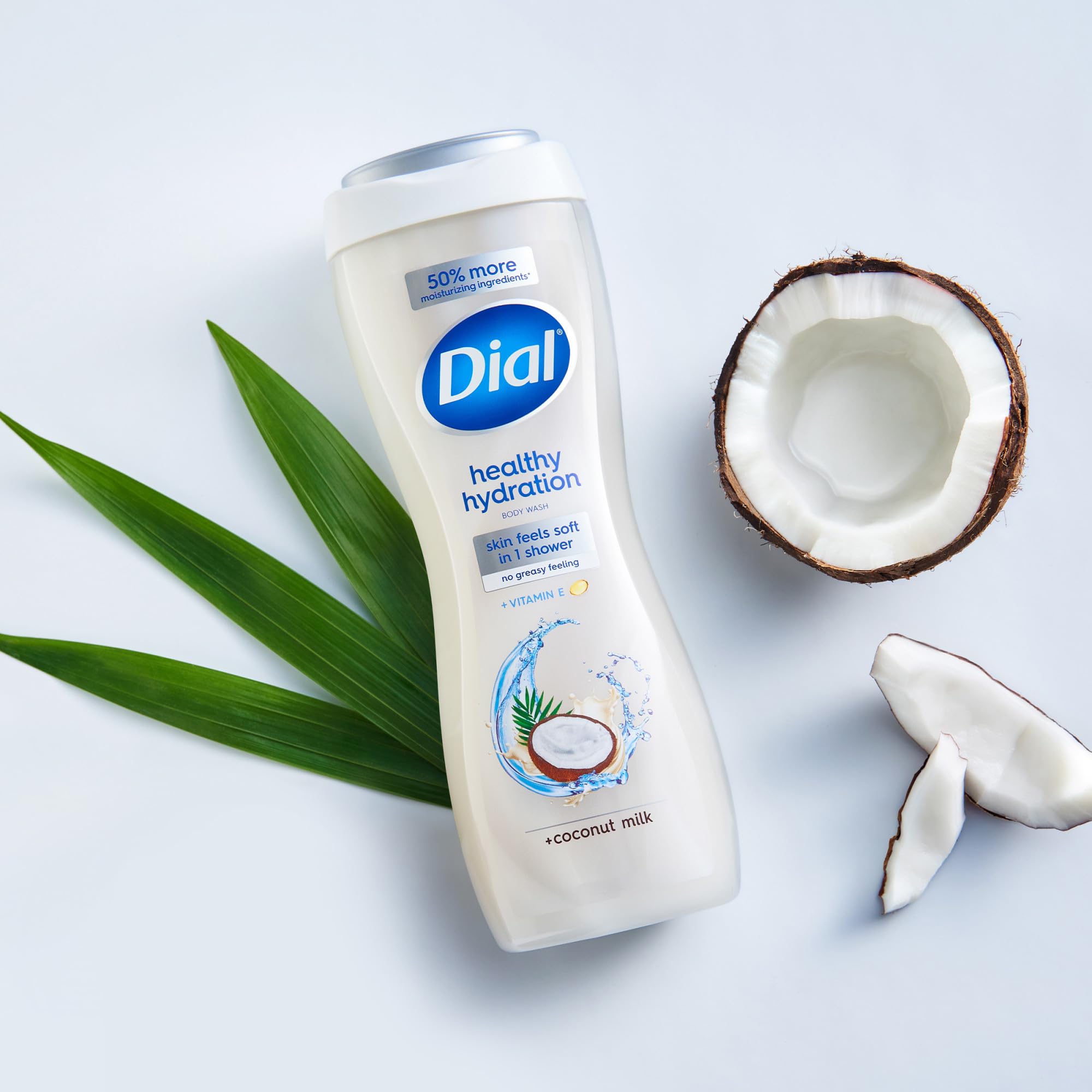 Dial Healthy Hydration Body Wash with Coconut Milk and Vitamin E, 16 fl oz, 4-pack, showing bottle with creamy body wash