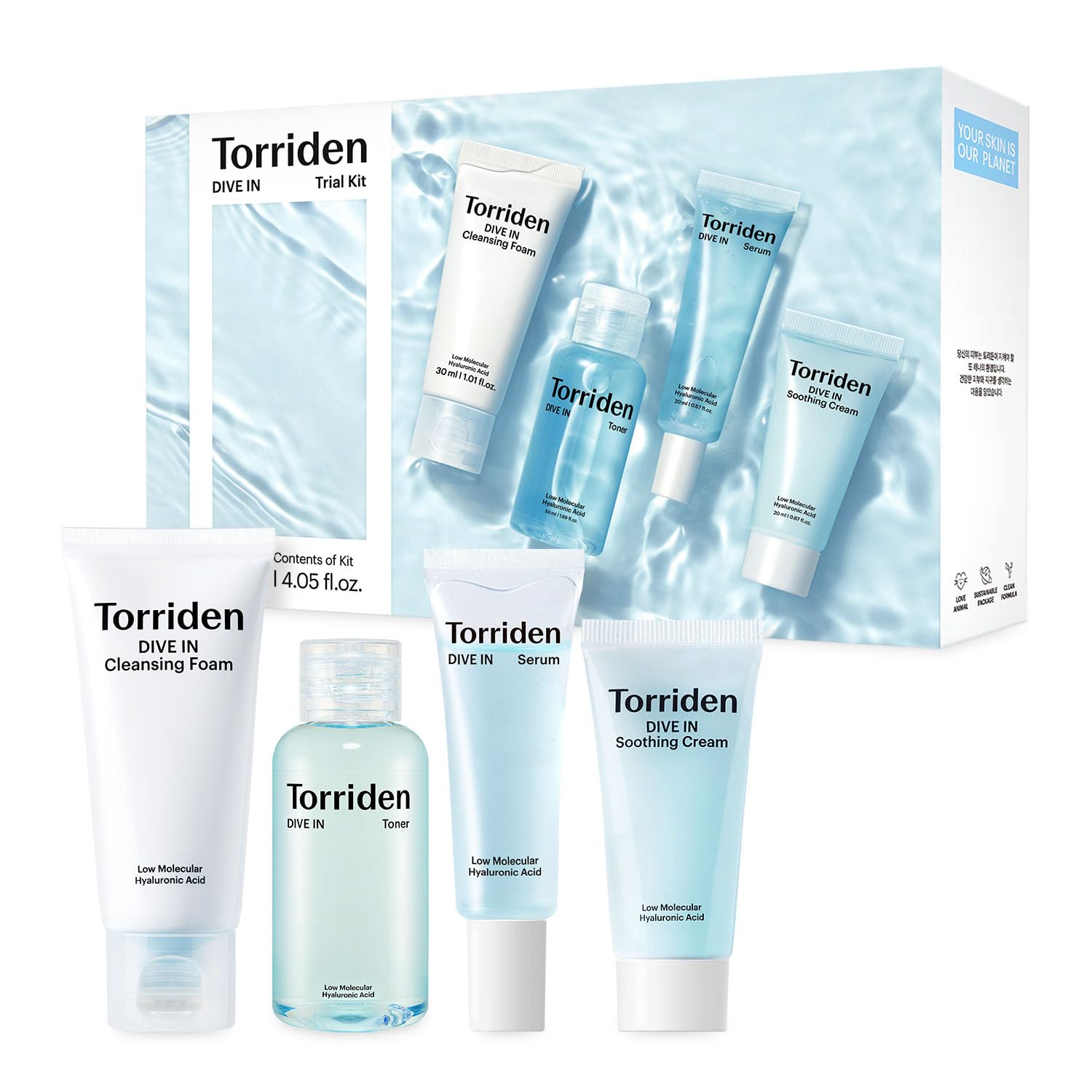 Torriden DIVE IN Trial Kit | Hyaluronic Acid Infused Daily - Product Imagery