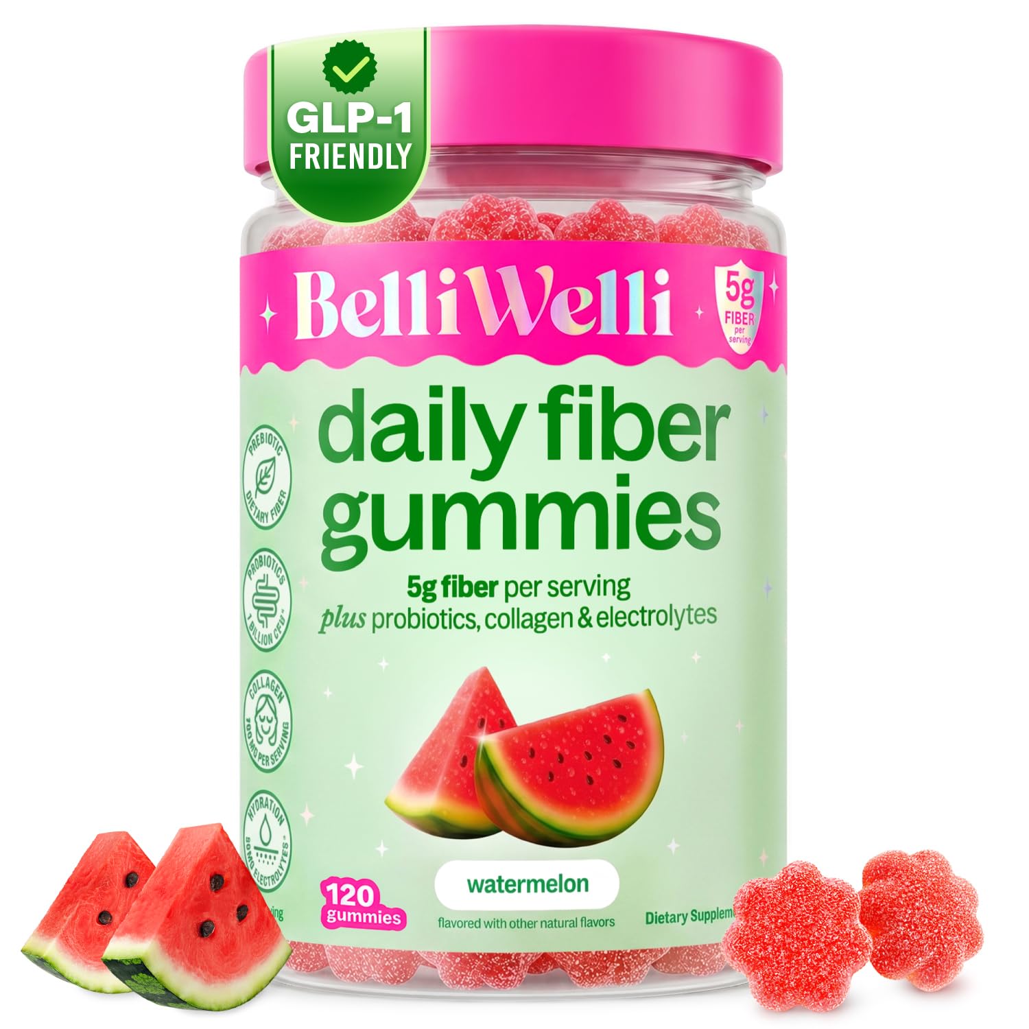 Belli Welli Fiber Gummies for GLP-1 Support — Watermelon, 120ct