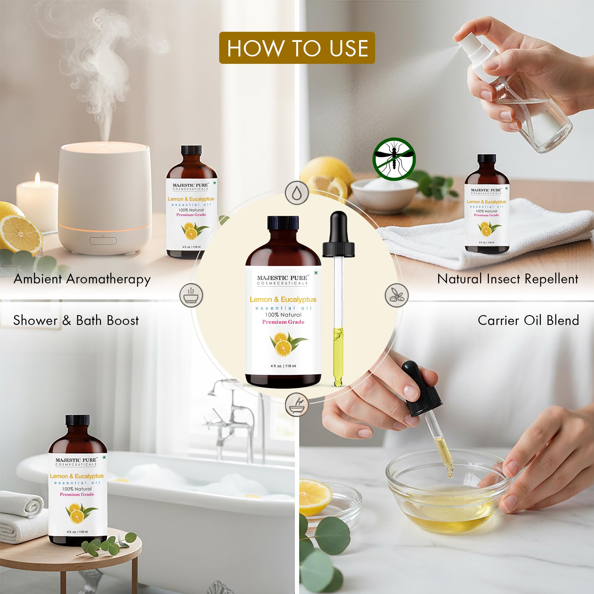 Majestic Pure Lemon Eucalyptus Essential Oil 4oz Diffuser