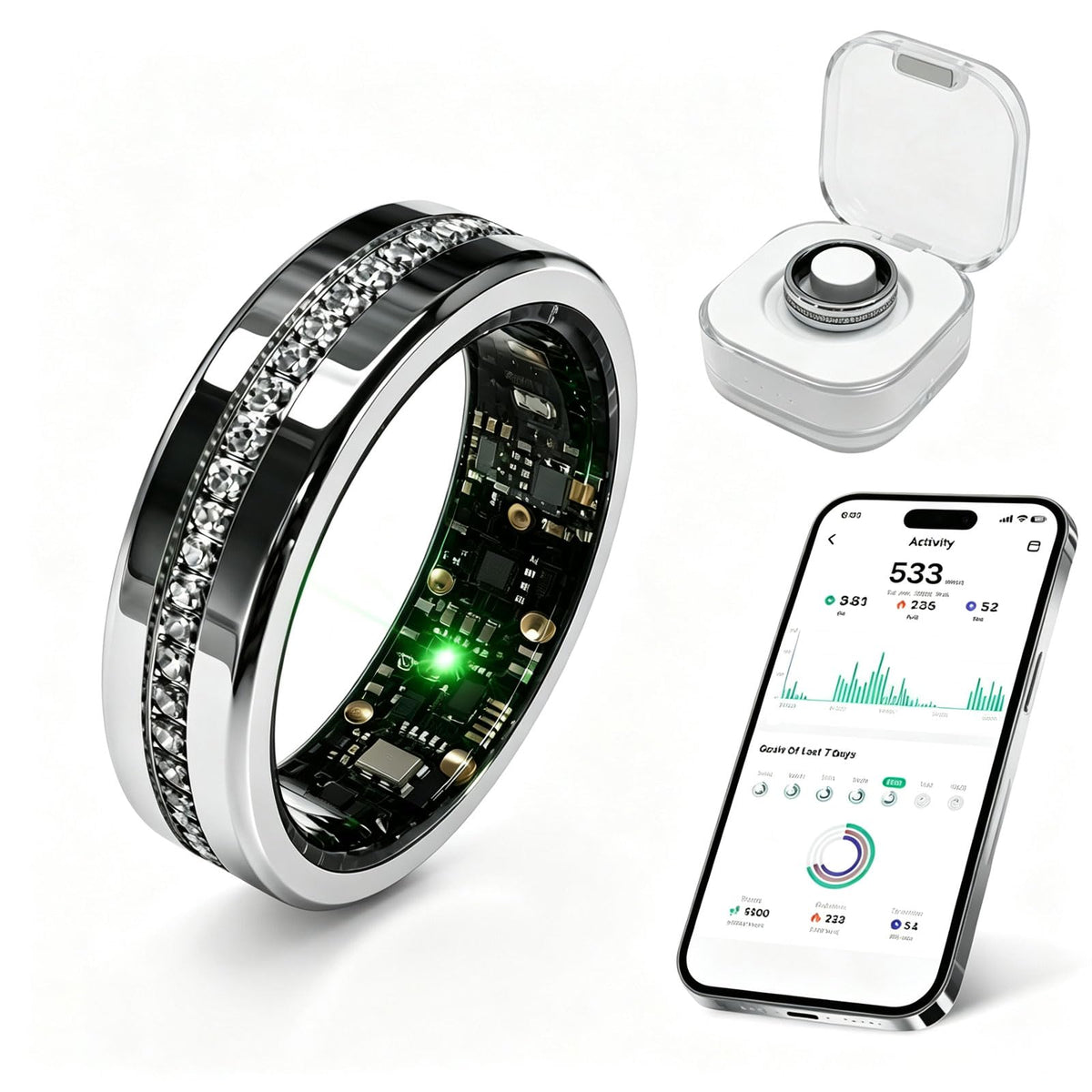 Wollet Smart Ring for Women & Men, Smart Ring Sleep Tracker, No Subscription – Stainless Steel, 8