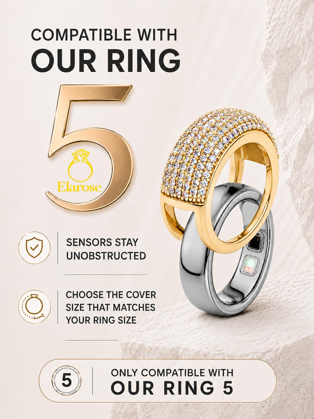 Elarose Smart Ring Cover Compatible with Oura Ring 5, 14K Gold Plated Ring Jacket – close-up detail