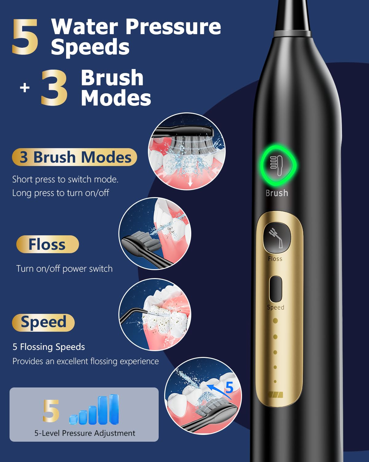 Electric Toothbrush with Water Flosser 5 Speeds 3 Modes - Ducard Official Imagery - 5