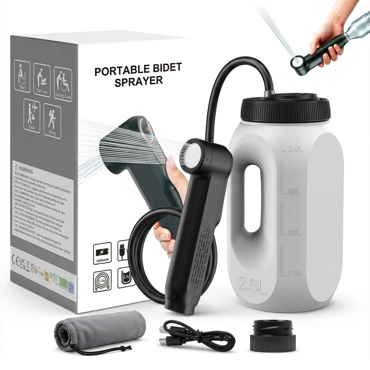 Teabelle Portable Bidet for Travel，Rechargeable Sprayer with 2.5L Large Tank – Black