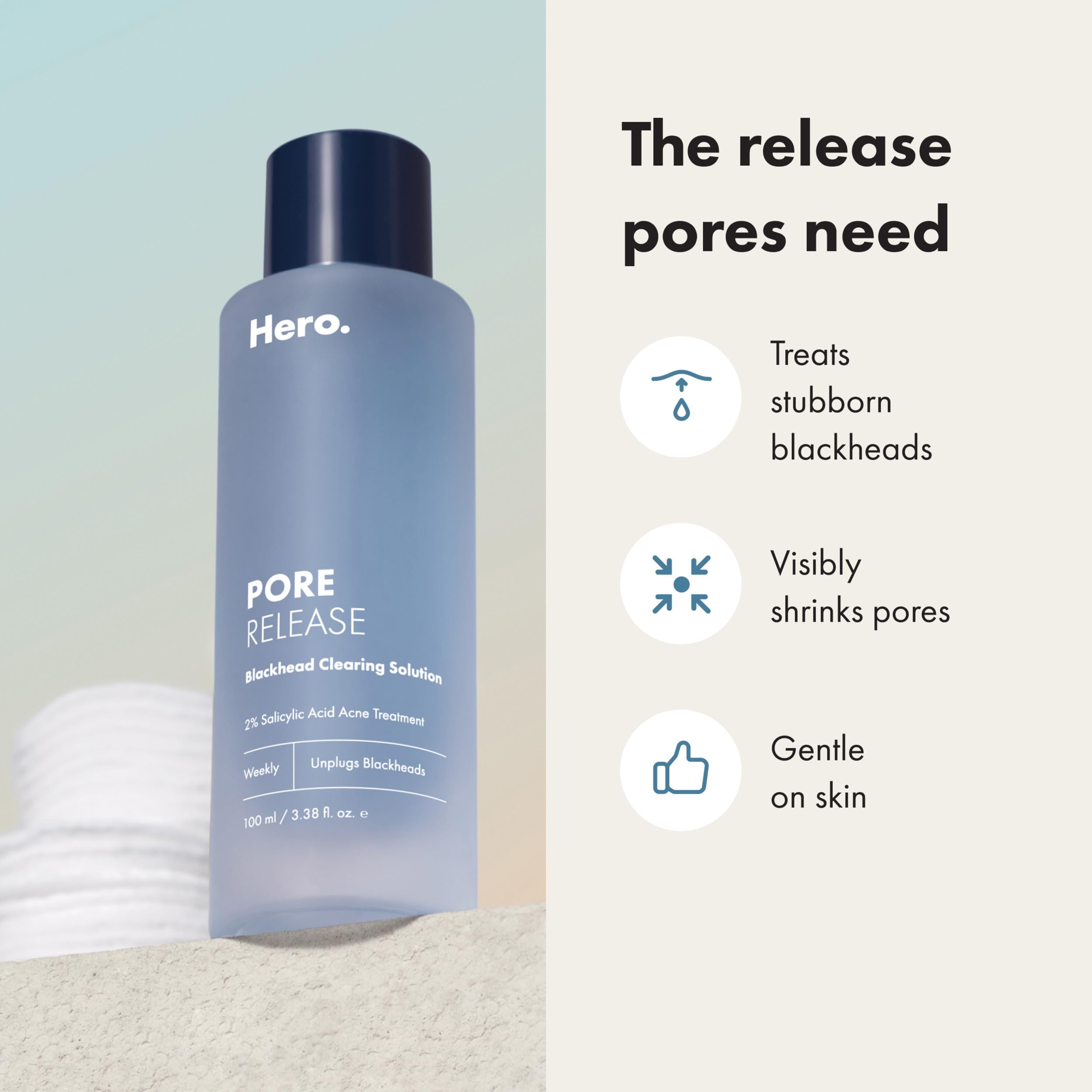 Hero Cosmetics Pore Release blackhead clearing solution in a 3.38 fl oz bottle, an astringent substance for pore cleansing.