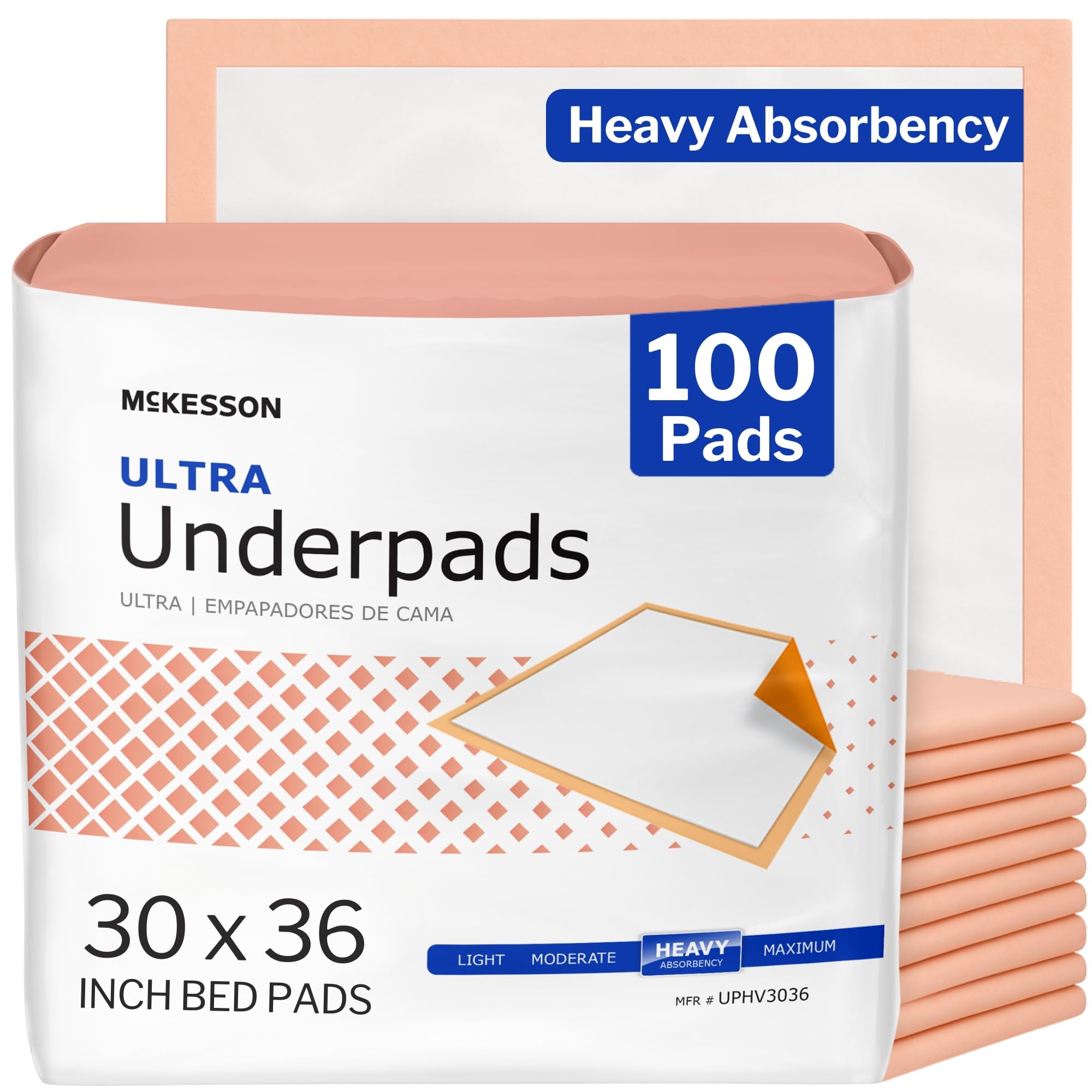 McKesson Underpads Bed Pads, Heavy Absorbency, Peach, 30 x 36 - Product Imagery
