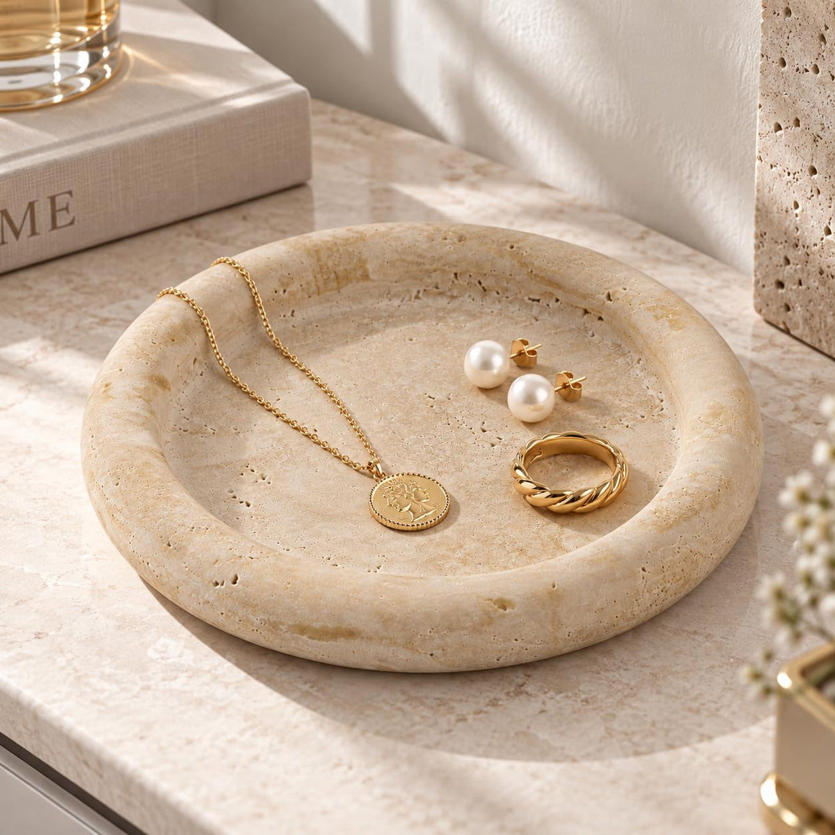 IPEDWO Natural Travertine Jewelry Dish,7.7" Stone Tray for Ring and Earring – close-up detail in Gold