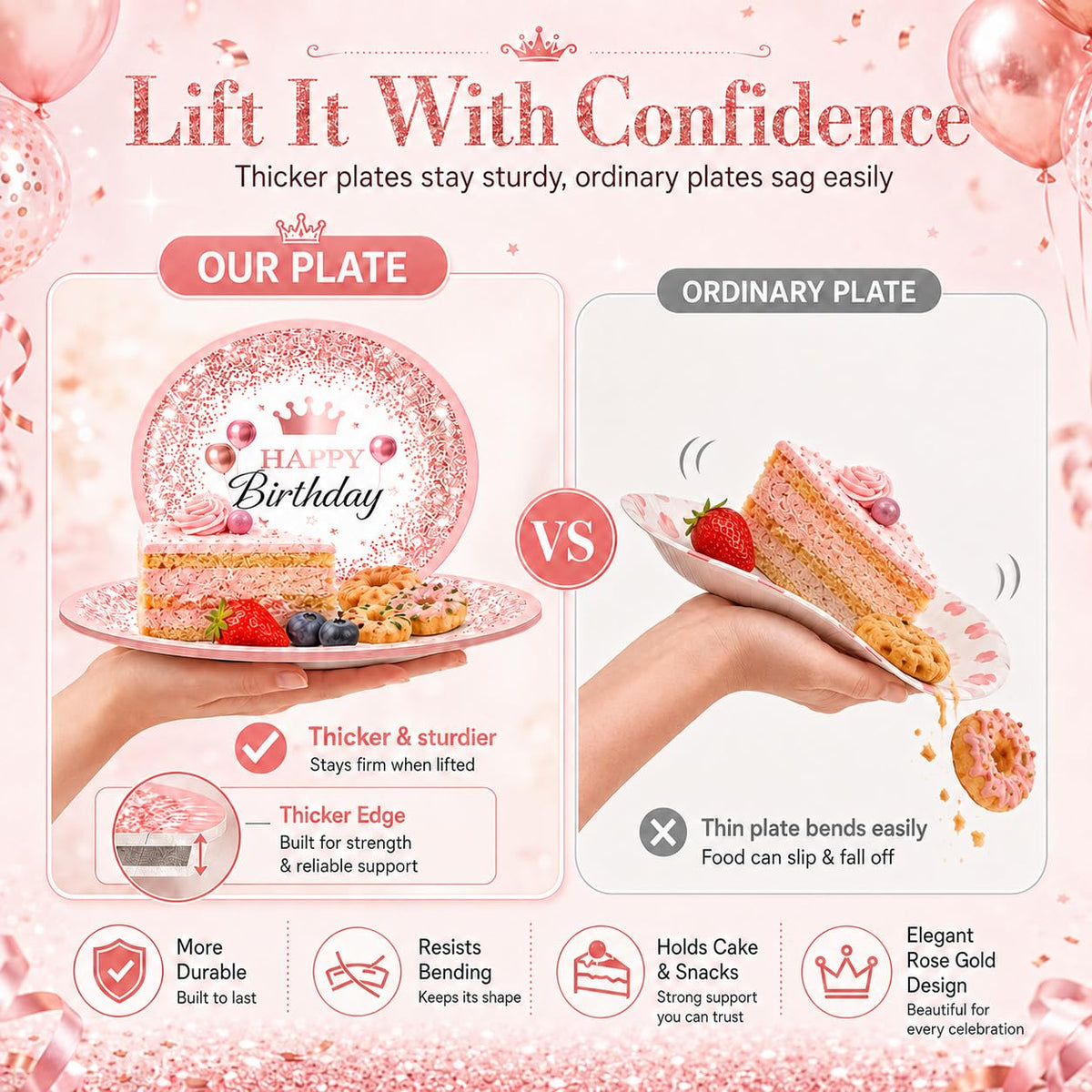 ZIRICHER 212Pcs Pink Birthday Party Supplies Set, Disposable Plates Napkins Cups Cutlery Tableware Kit with Balloons Ban