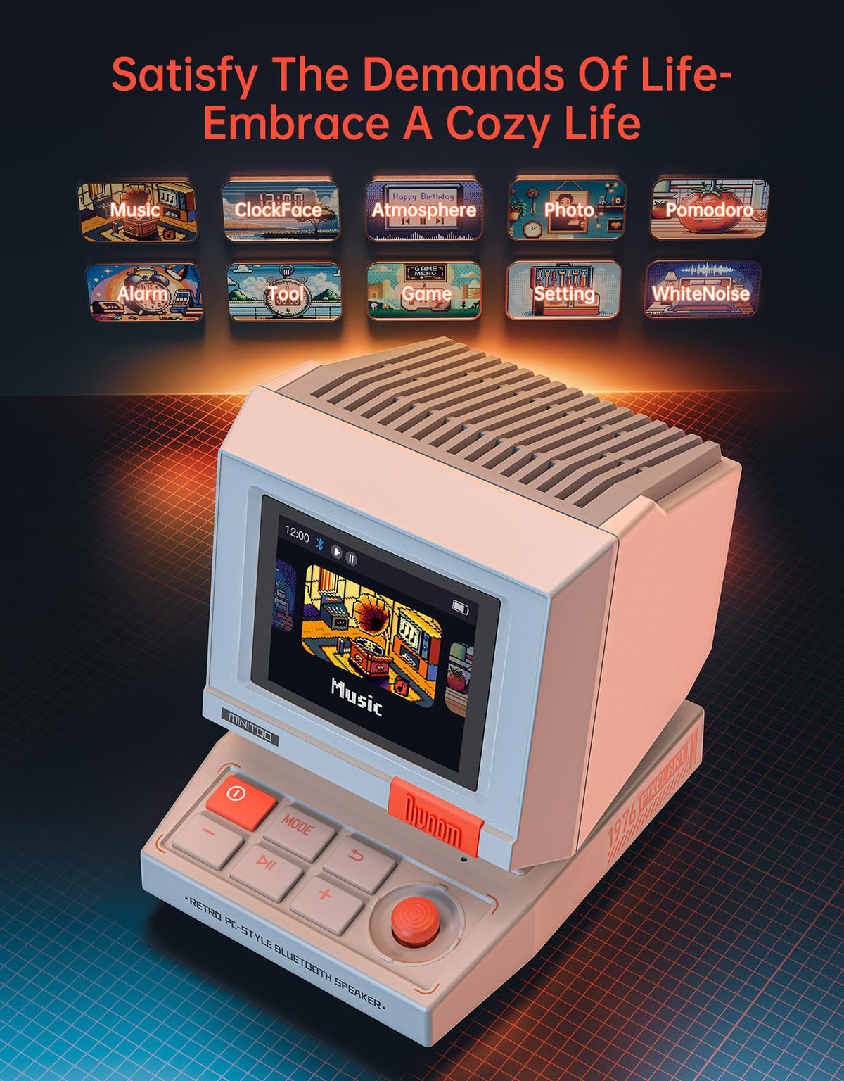 Divoom MiniToo Retro PC-Style Computer Speaker, Pixel Screen with DIY Faces – packaging and label