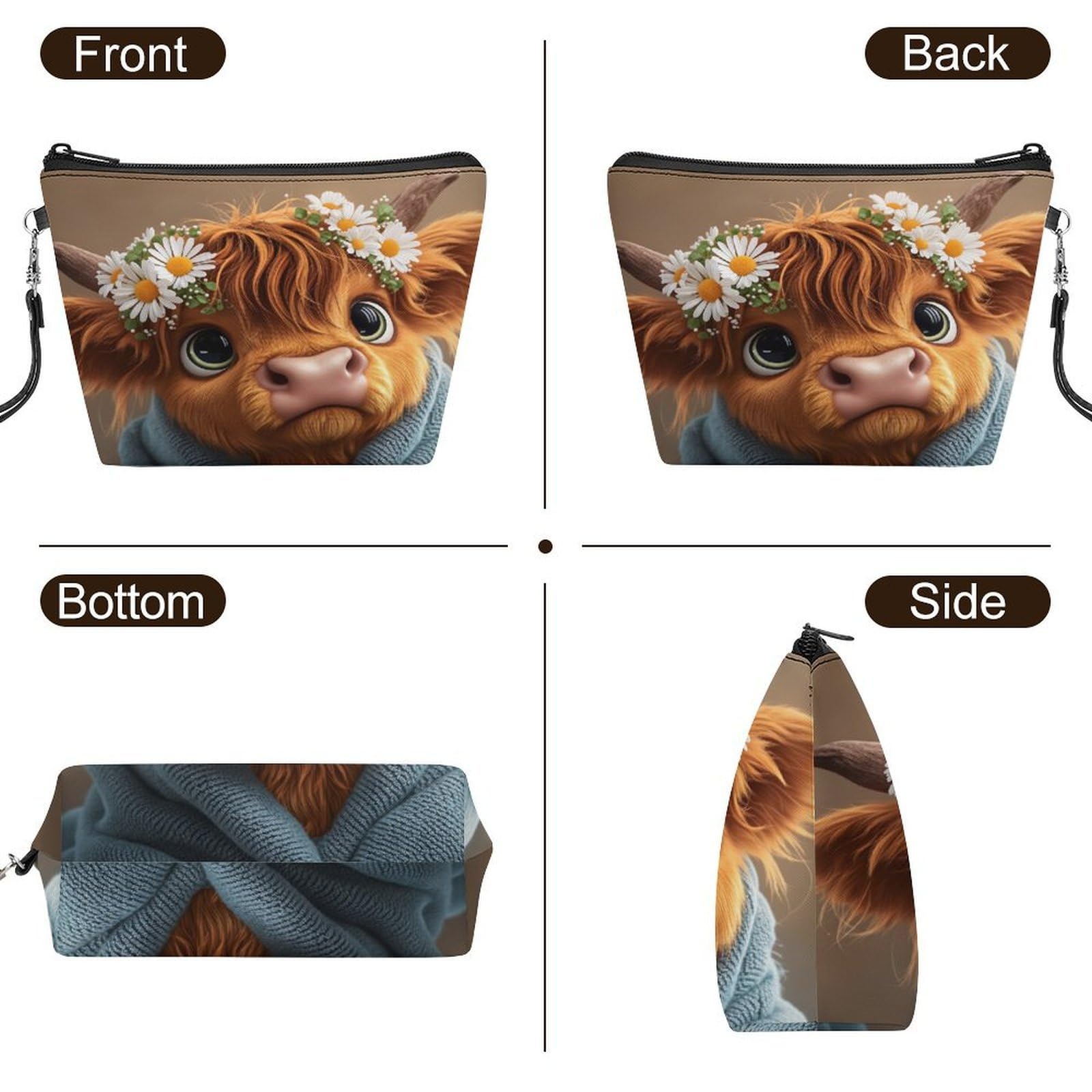 Qfsdijnig Cute Cow With Flowers And Scarf Makeup Bag for Women – Large Cosmetic Travel Pouch with Wrist Strap & Zipper, Soft Toiletry Organizer for Purse, Gym, Vacation – Gift for Her