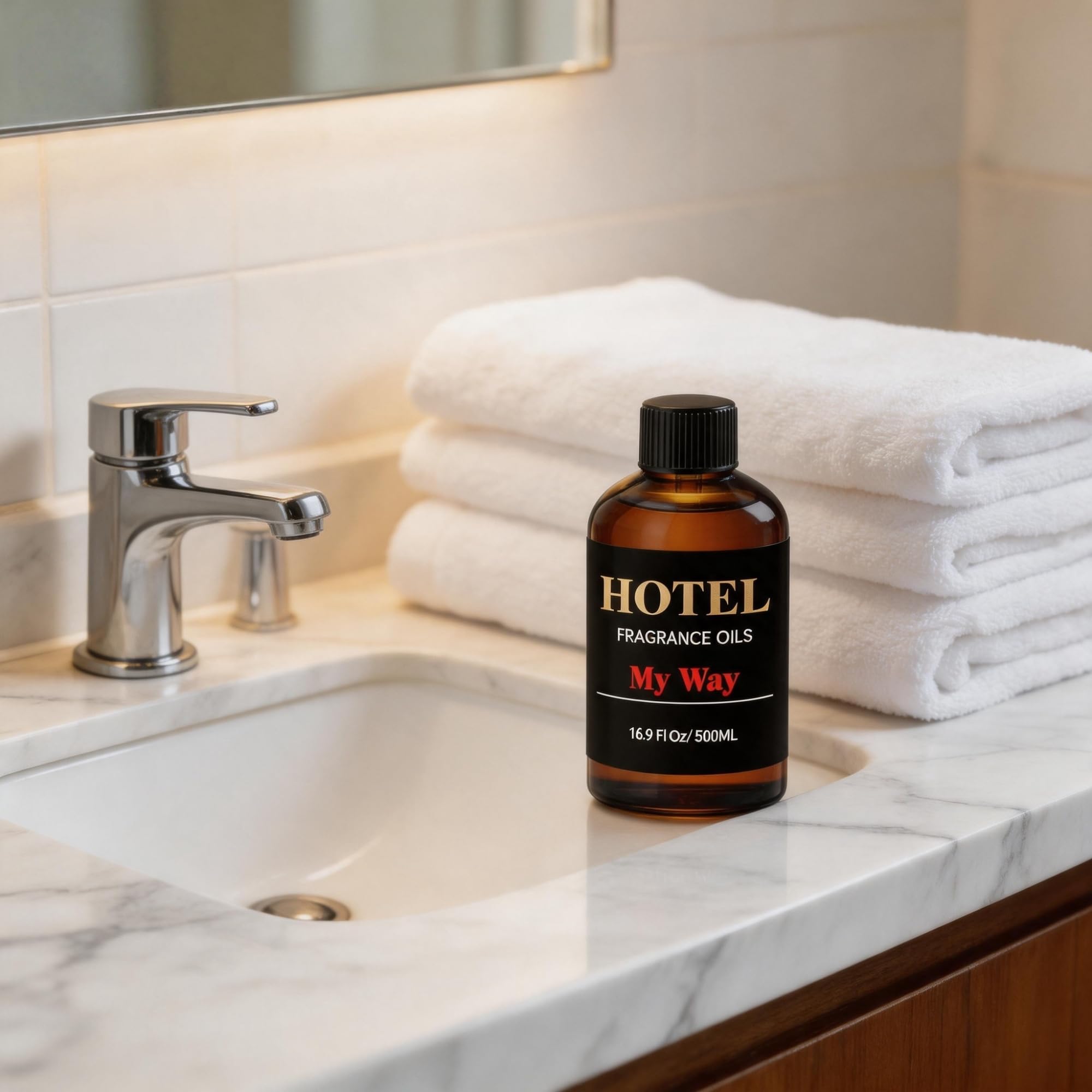Qiapu My Way Diffuser Oil in Hotel Luxury Fragrance Blend, essential oil bottle with elegant packaging and diffuser cap.