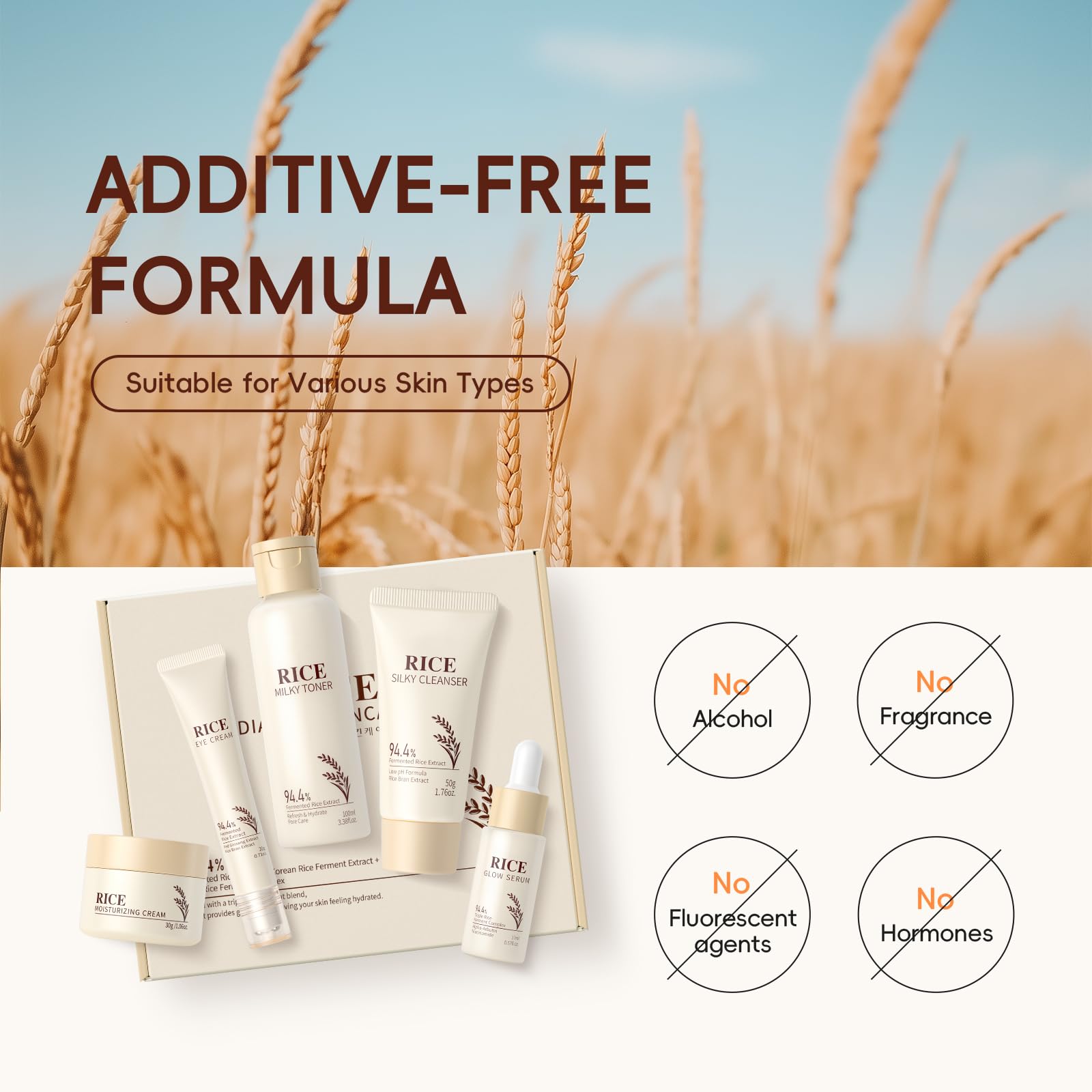 LAIKOU Rice Korean skin care set with five products, including creams and serums, for nourishing and brightening skin.