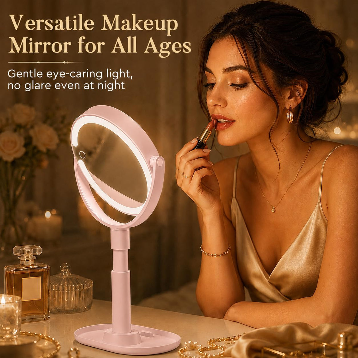 MOMOKUBA Makeup Mirror with Lights, 30X Magnifying Mirrors, Height Adjustable, Vanity Mirror with Lights Rechargeable 3 