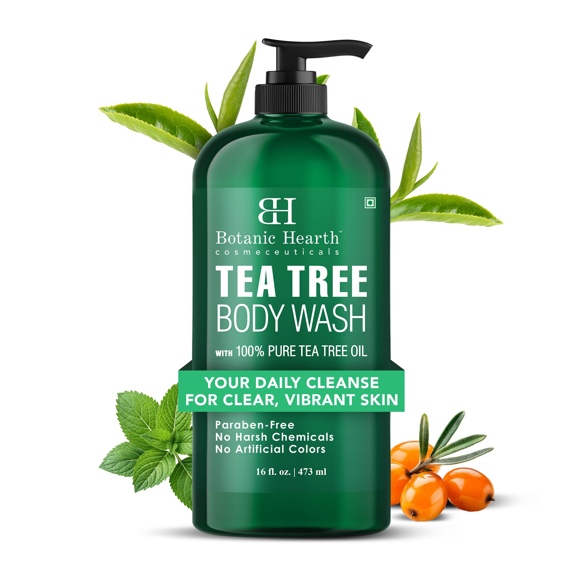Botanic Hearth Tea Tree Body Wash in a 16 fl oz bottle, showing the clear liquid and label with tea tree imagery.
