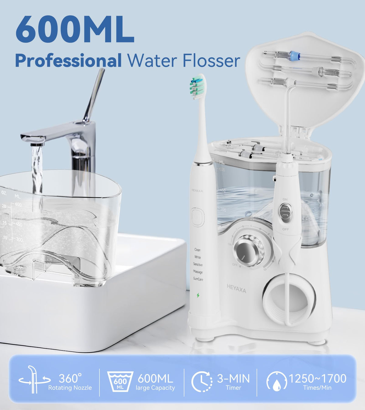 Water Flosser Ultrasonic Electric Toothbrush Combo 600ML - HEYAXA Official Imagery - 5