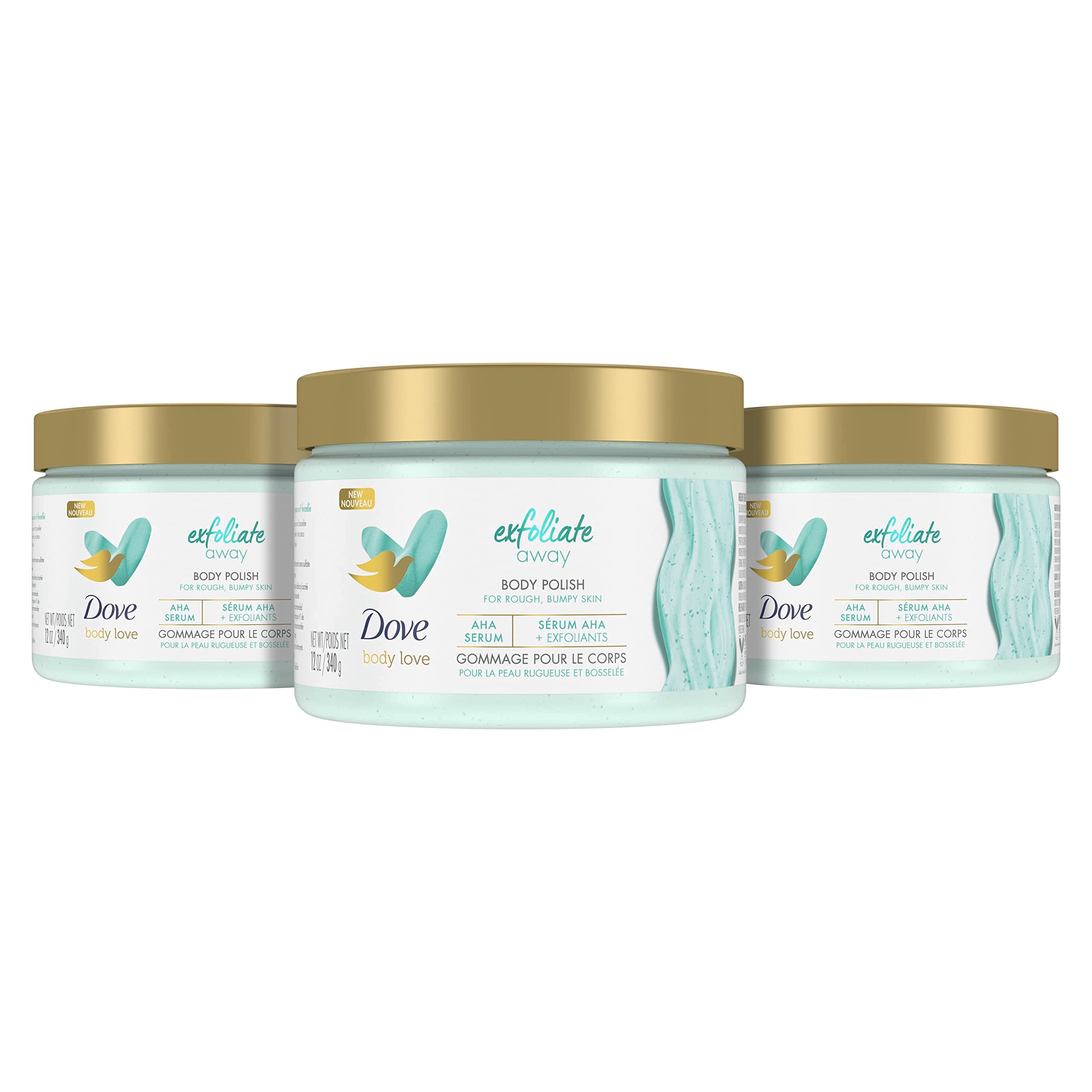 Dove Exfoliate Away Body Polish 3-pack with 12oz AHA scrub bottles, showing creamy textured exfoliant and packaging.