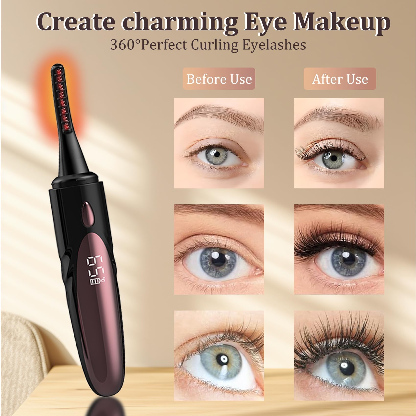 Electric Heated Eyelash Curler - USB Rechargeable with Fast 10s Heat-Up, 24-Hour Long-Lasting Hold, 4 Adjustable Heating Modes & LED Display - Essential Makeup Tool for Perfect Lashes (Black-02)