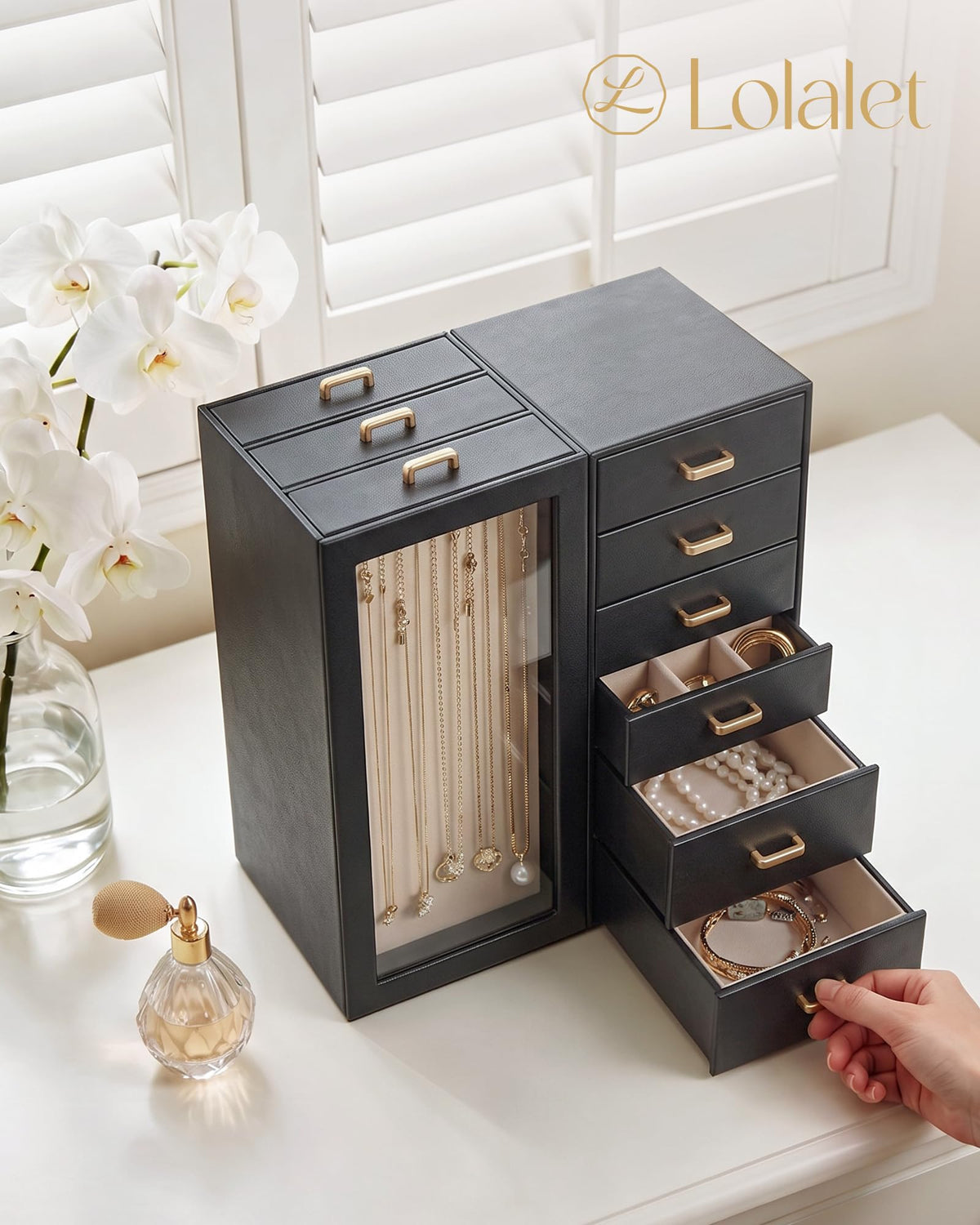 Lolalet Large Jewelry Box Organizer for Women, PU Leather Jewelry Case with Necklace Holder & Multiple Drawers, Tabletop