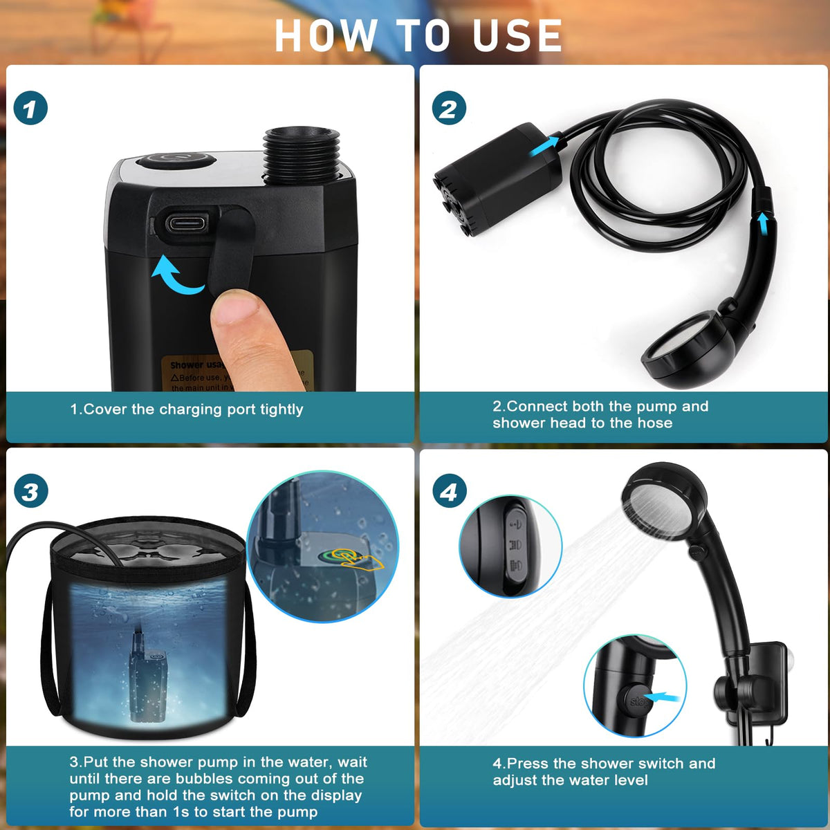Spopal Rechargeable Camping Shower with Collapsible Bucket Handle 20L – back view and specifications