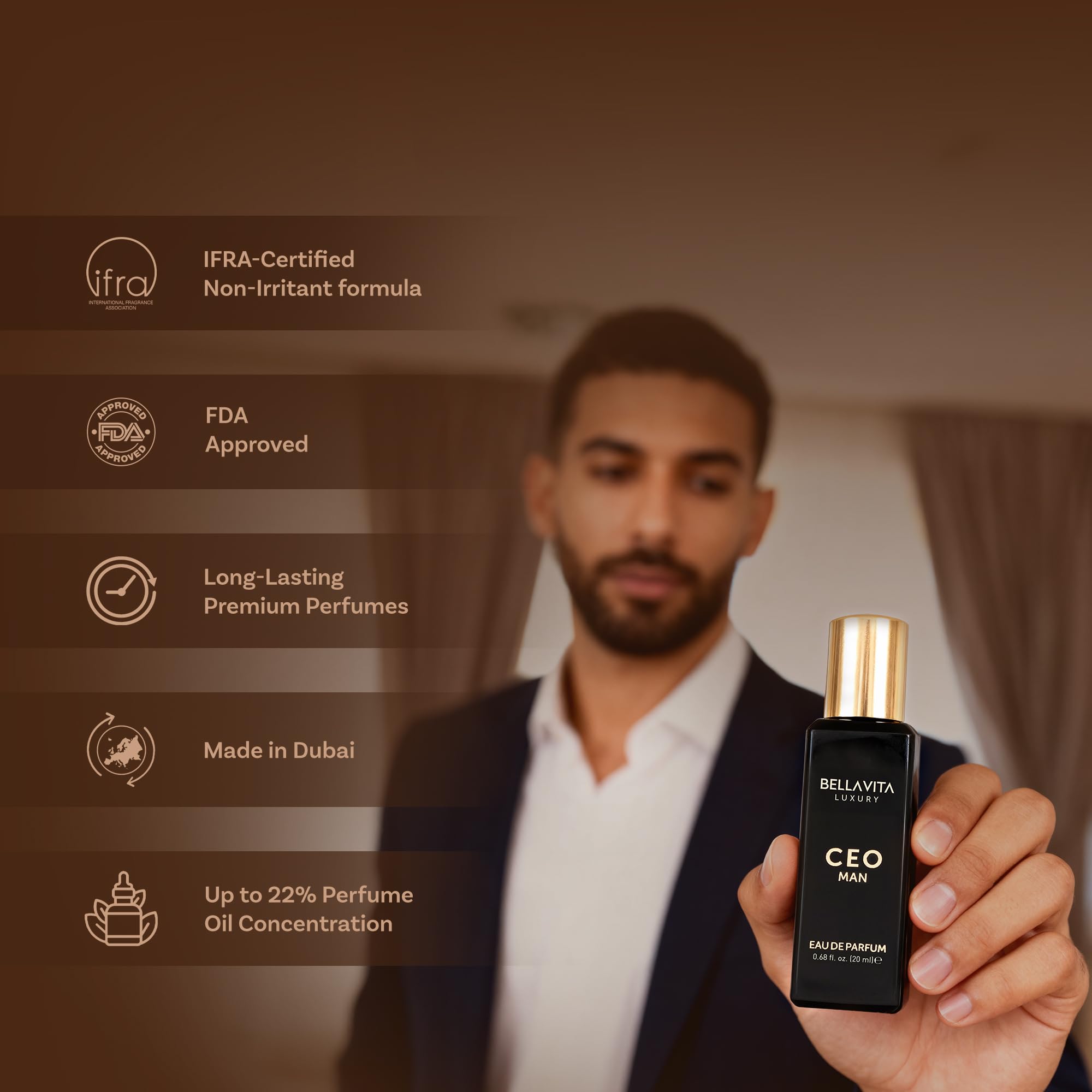 Bella Vita Luxury men's perfume gift set with four 20ml bottles, featuring elegant glass containers and sophisticated packaging.