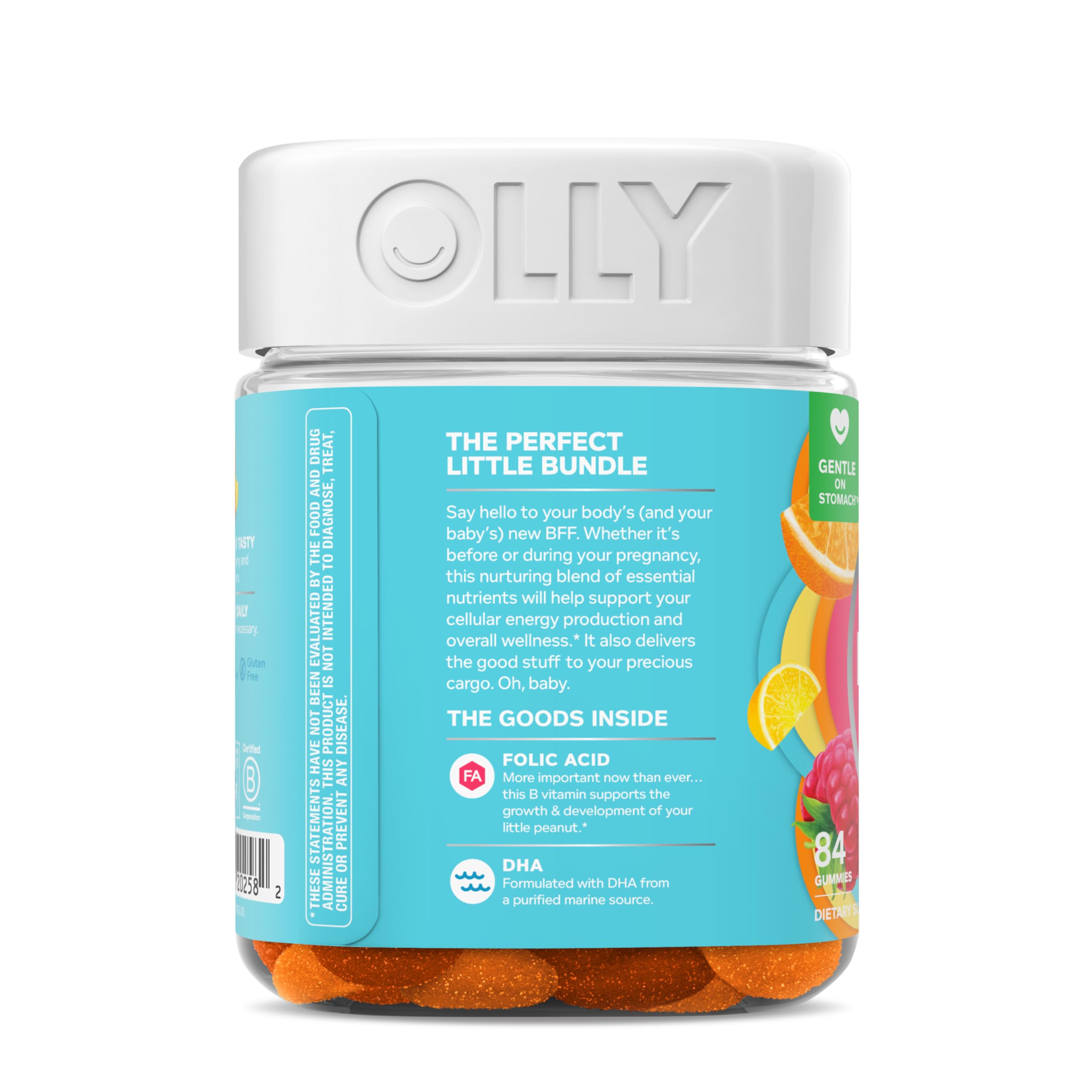 OLLY Prenatal Multivitamin Gummy bottle with 84 gummies, featuring colorful fruit-flavored vitamins for expecting moms and babies.