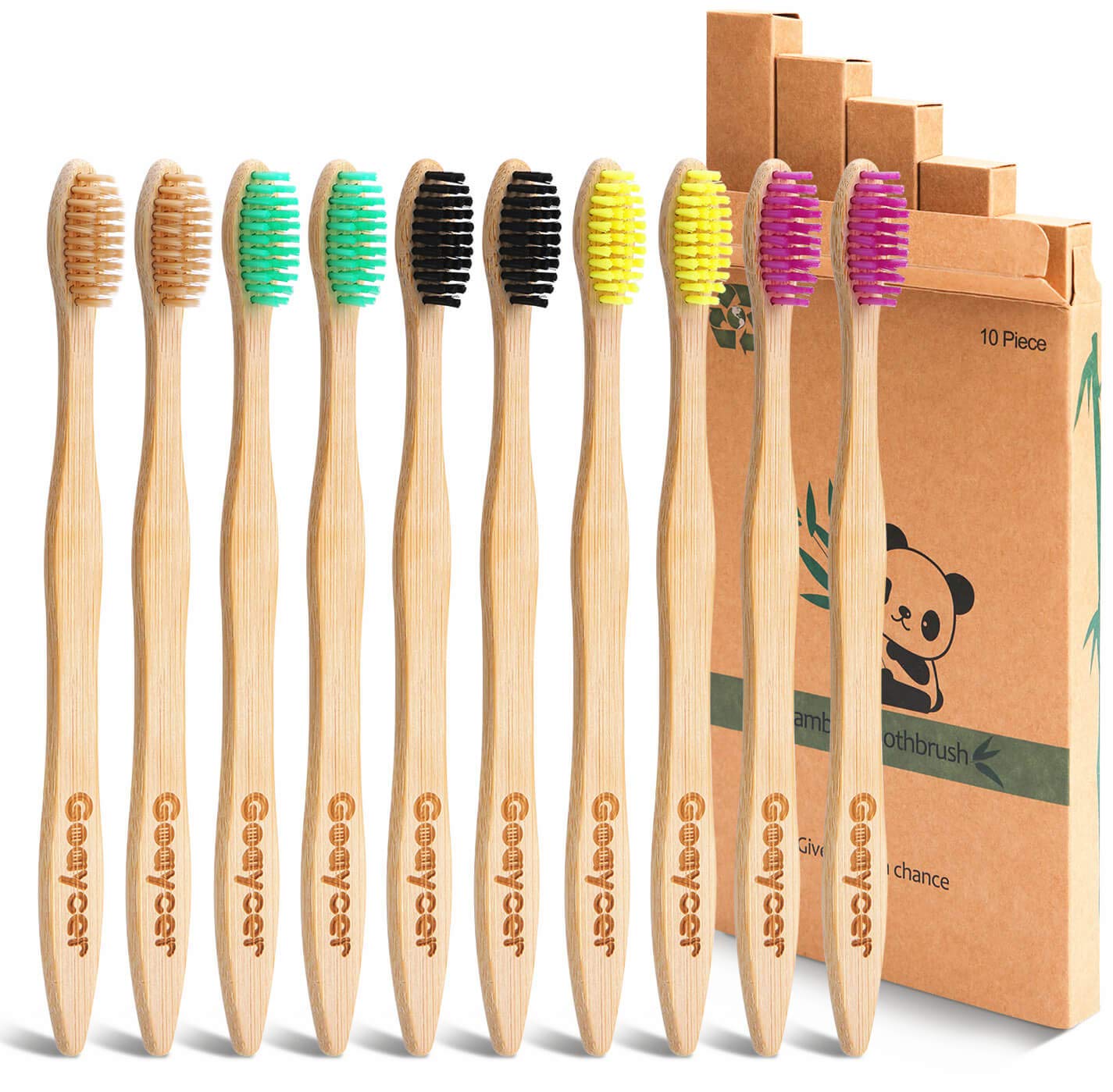 Set of 10 Goaycer bamboo toothbrushes, BPA-free eco-friendly toothbrushes with natural bamboo handles and soft bristles.